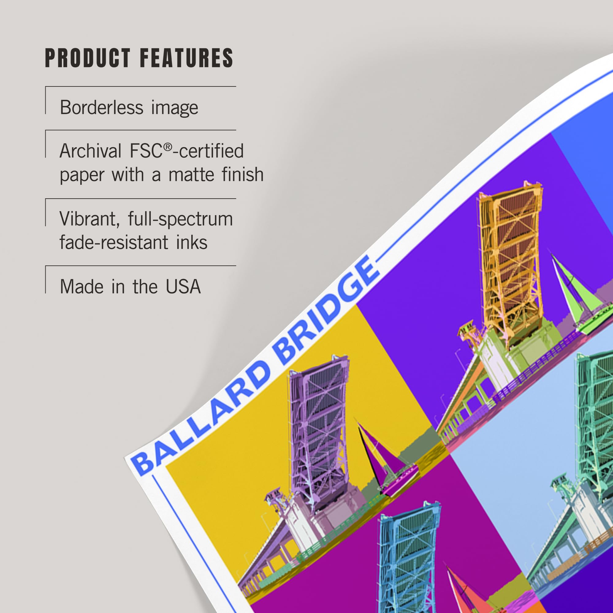 Lantern Press 16x24 Inch Giclee Art Print - Ballard Bridge Seattle WA Pop Art Wall Decor for Living Room, Office & Gift