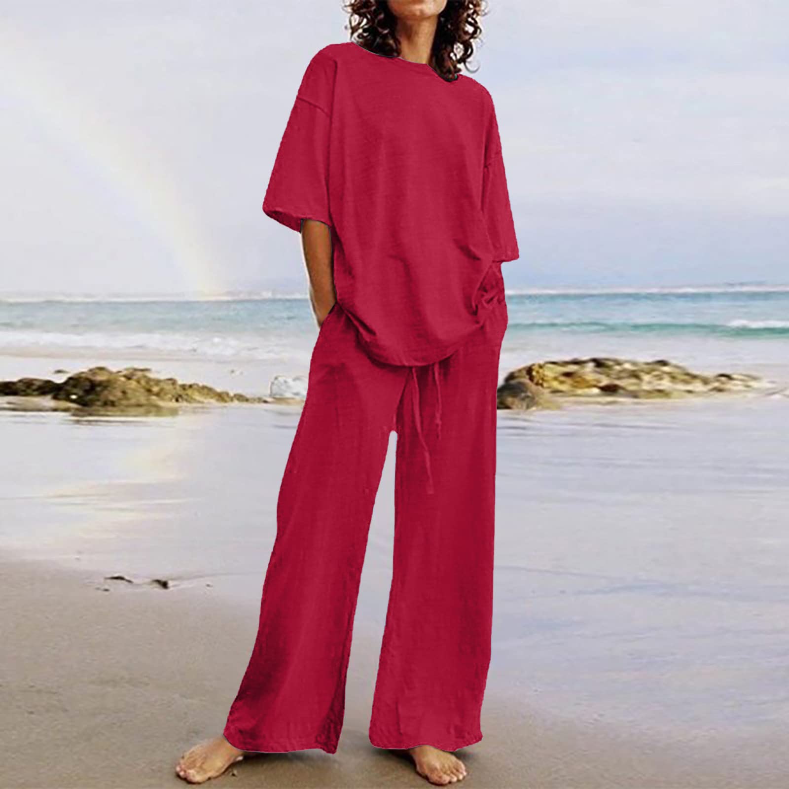Oelaio Plus Size Sweater Sets for Women - 2 Piece Lounge Wear Set with Long Sleeve Top & Cropped Wide Leg Pants (Red) - Comfortable Womens Sweat Suit for Casual Wear, Home Relaxation, and Travel Outfits