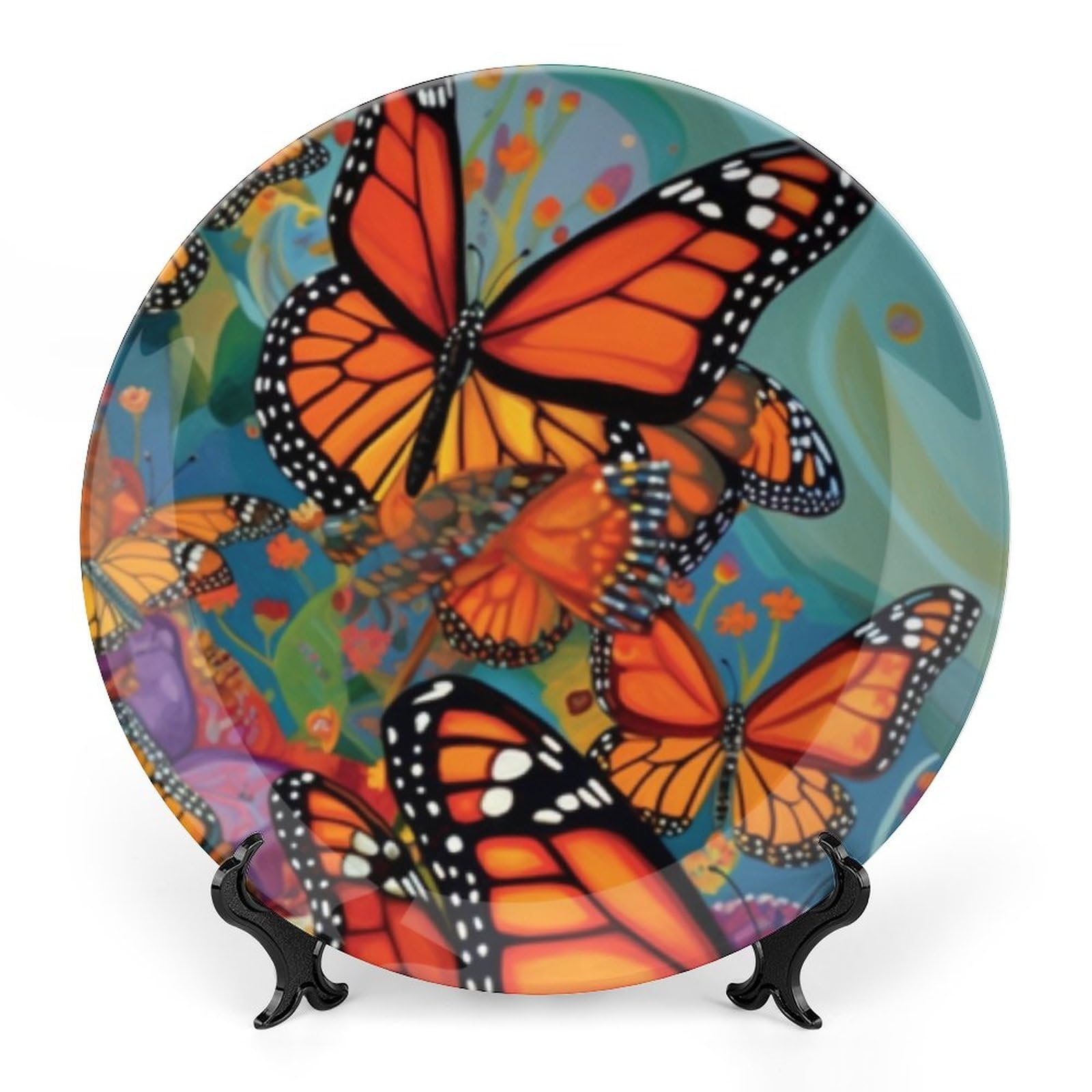 VHP Bone China Decorative Plate - Monarch Butterflies Abstract Ceramic Wall Art for Home & Office Decor with Vertical Stand | Elegant Display for Living Room, Dining Room, Bedroom or Clubhouse