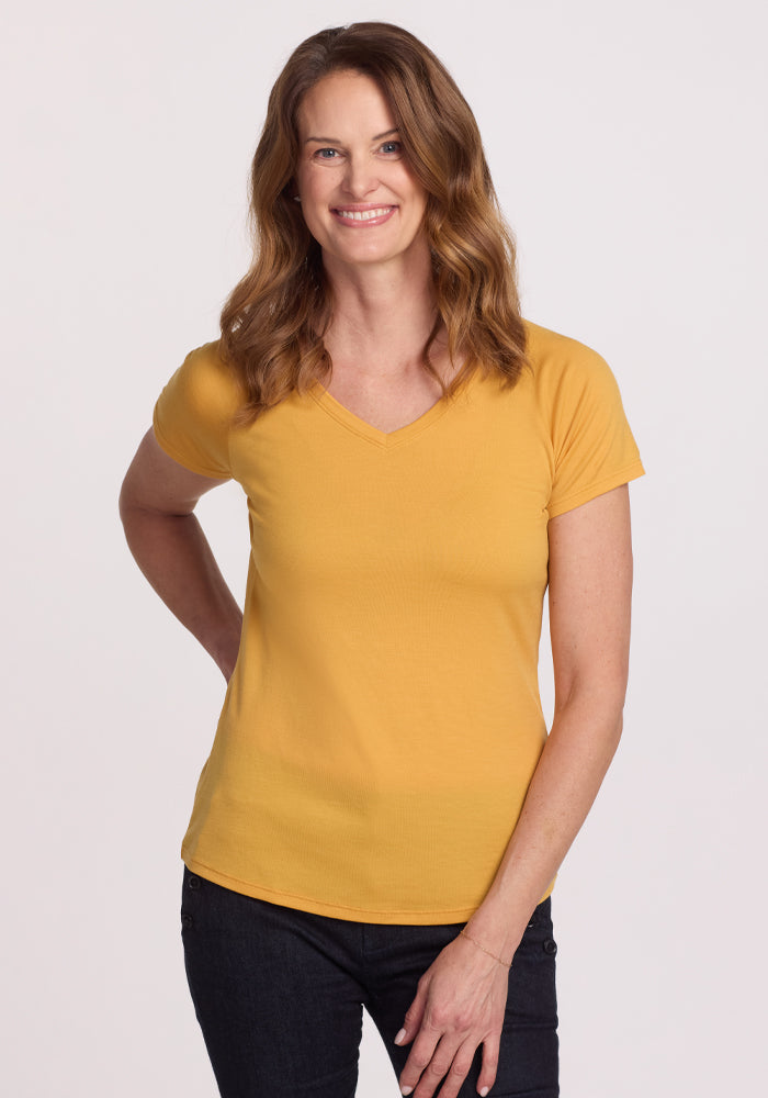 Mia V Neck Women's Casual T-Shirt in Marigold Yellow - Soft & Comfortable Everyday Wear for Work, Outings & Relaxation