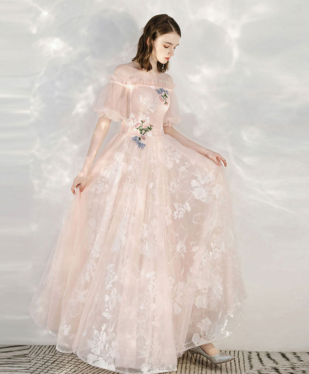 Elegant Pink Tulle Lace Off-Shoulder Long Prom Dress for Women - Romantic Evening Gown for Formal Events, Homecoming, Wedding Guest & Special Occasions