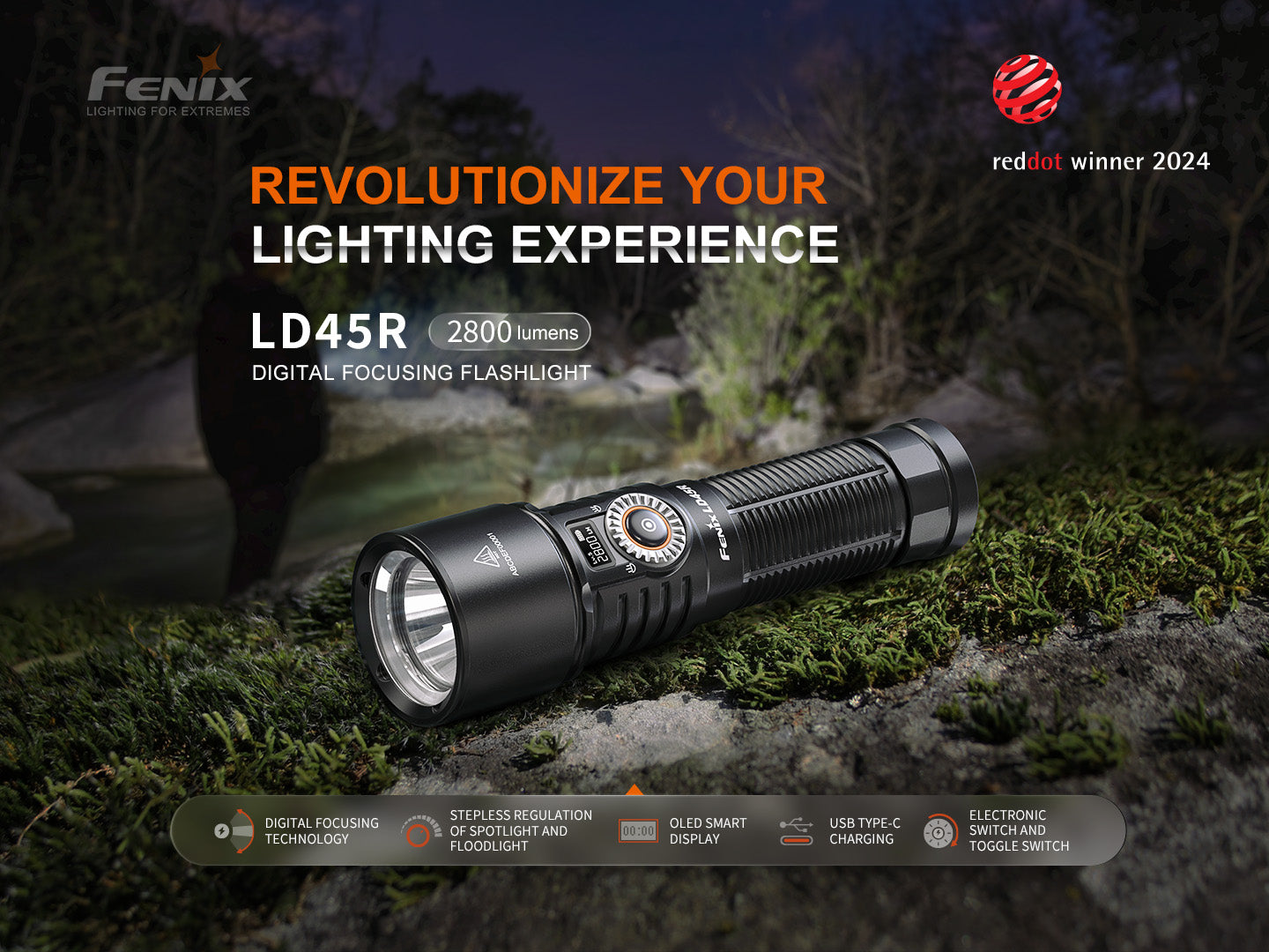 Fenix LD45R Rechargeable LED Flashlight - 2000 Lumens, Waterproof, Digital Focus - Perfect for Camping, Hiking & Emergency Preparedness