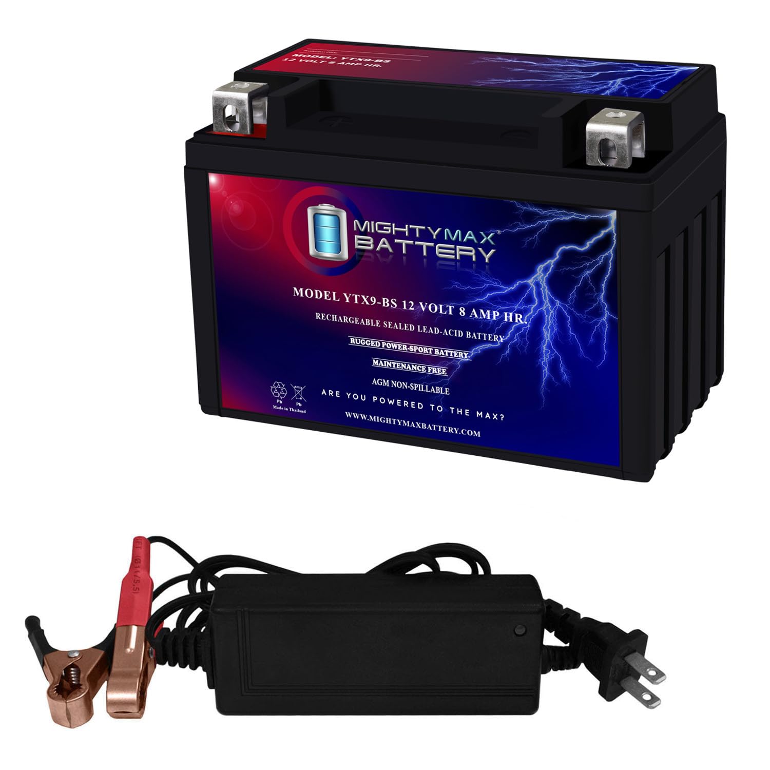 Mighty Max YTX9-BS 12V 8Ah Sealed Lead Acid Battery with 2A Charger - Compatible with Suzuki Burgman 400 & 200 Scooters - Perfect for Motorcycle, ATV & Powersports Battery Replacement