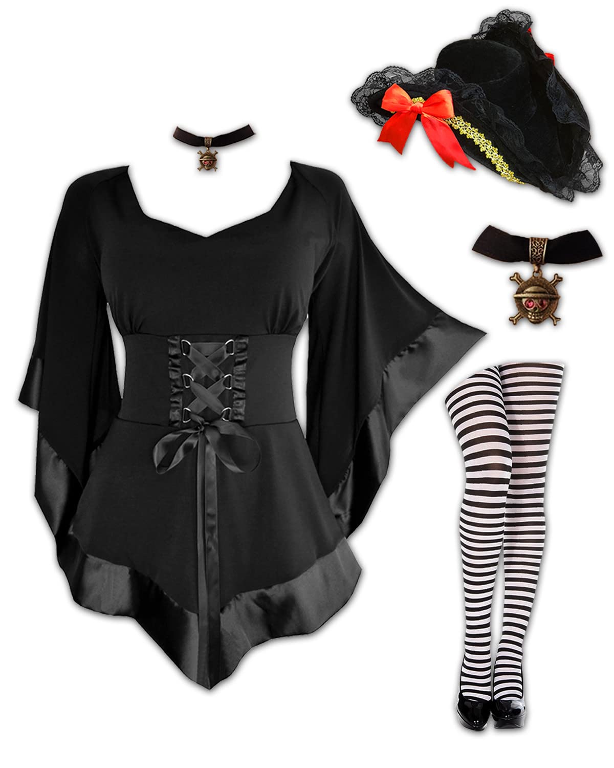 Buccaneer Costume Set for Women - Velour Pirate Hat, Gothic Corset Top, Striped Tights & Choker Necklace | Halloween Cosplay, Pirate Party, Renaissance Fair Outfit