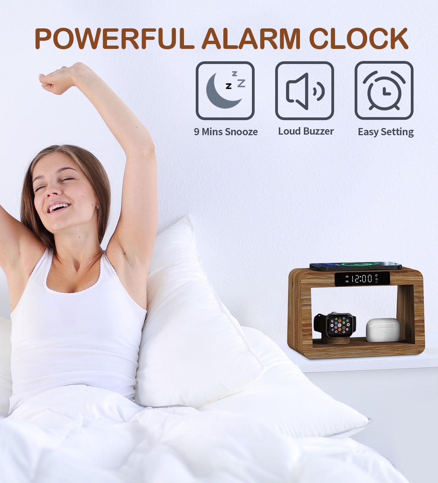 15W Fast Wireless Charging Station with LED Clock & Adjustable Desk Lamp - 3 Color Night Light, Bamboo Charging Dock for iPhone 14/13/12, AirPods, Apple Watch - Perfect Bedside Organizer for Home & Office Gifts (Men & Women)