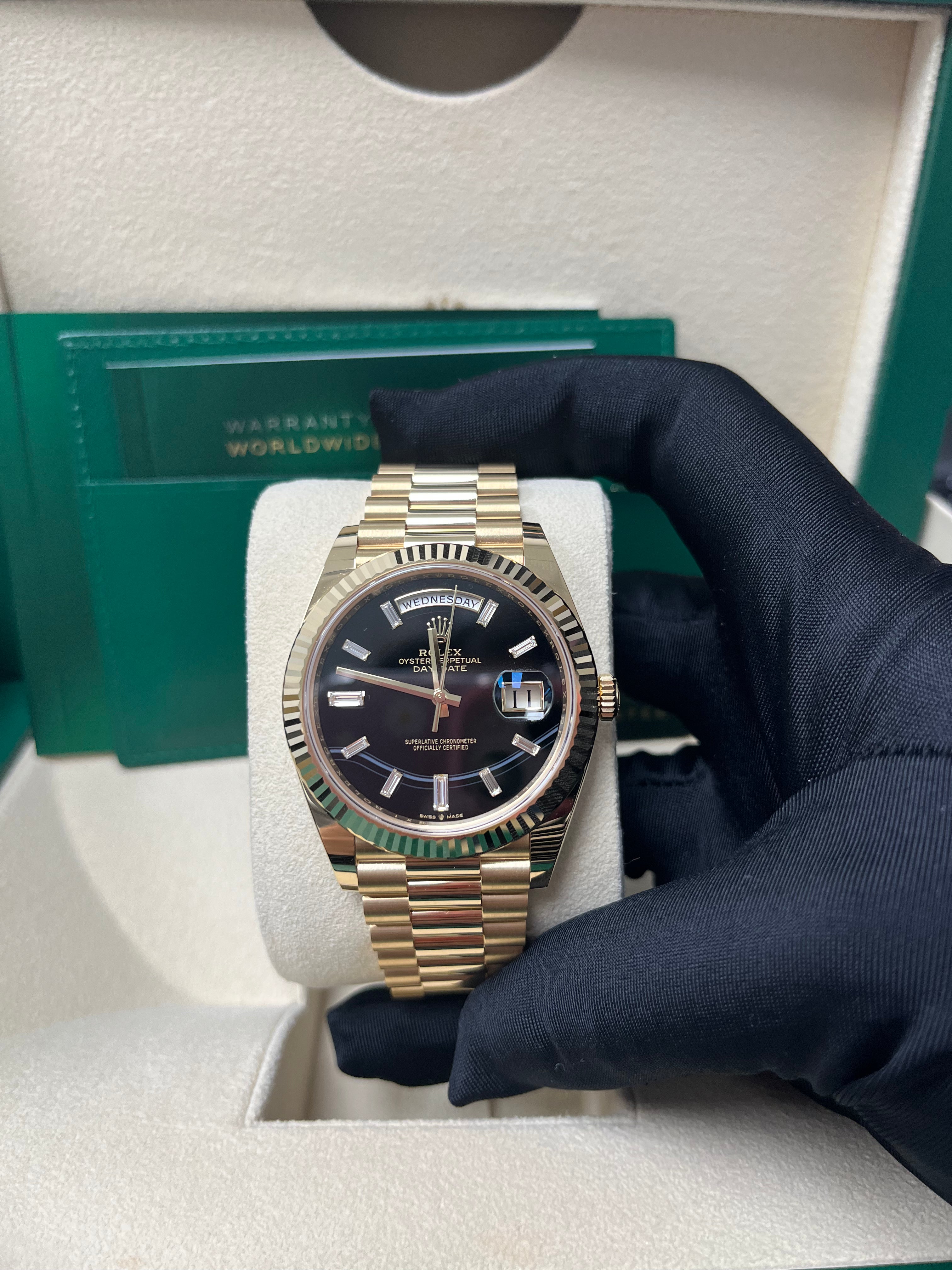 Rolex Day Date 40 Yellow Gold Men's Watch with Fluted Bezel, Onyx Dial & President Bracelet (Model 228238) - Luxury Dress Watch for Business & Formal Occasions