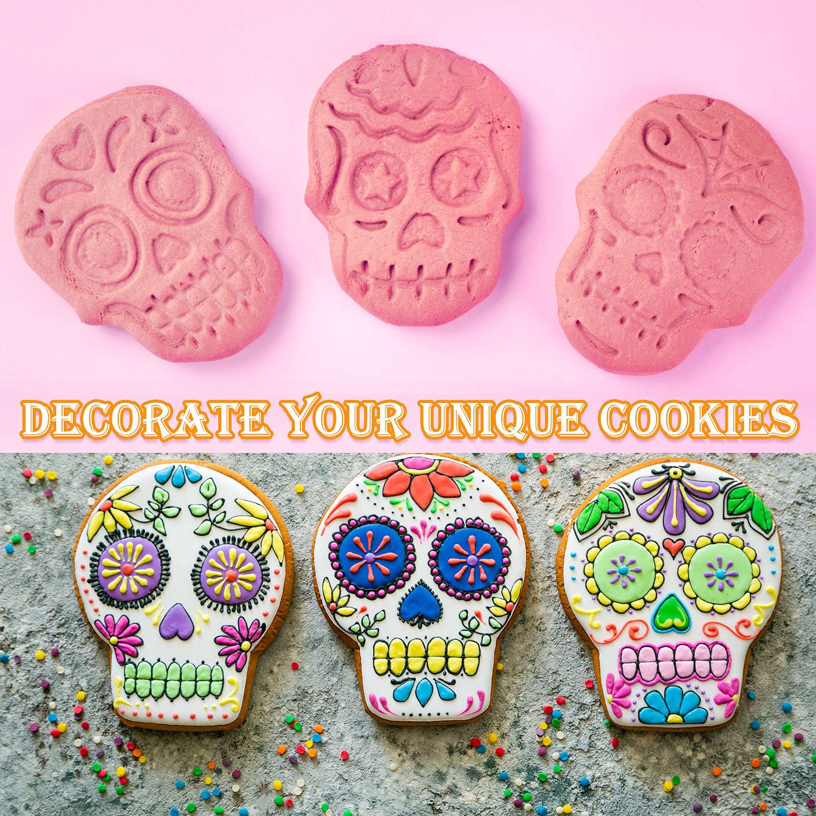 6-Piece Halloween Sugar Skull Cookie Cutters & Stamps Set - Day of the Dead Cookie Molds for Baking, Ice Cubes, Jelly, Soap, Chocolate Making - Perfect for Halloween Parties, DIY Crafts & Holiday Baking