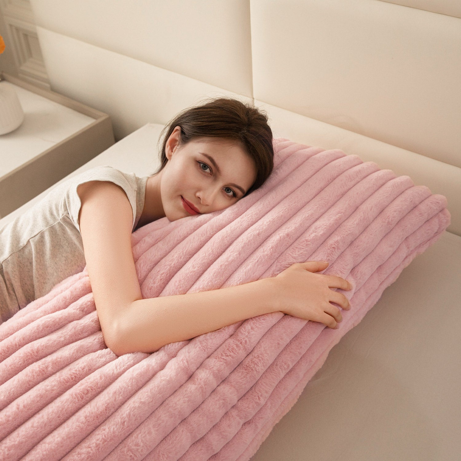 MAXYOYO Ultra Soft Striped Faux Fur Body Pillow - 20x54 Inch Long Hugging Pillow for Adults, Pink - Perfect for Side Sleepers, Pregnancy Support & Couch Lounging