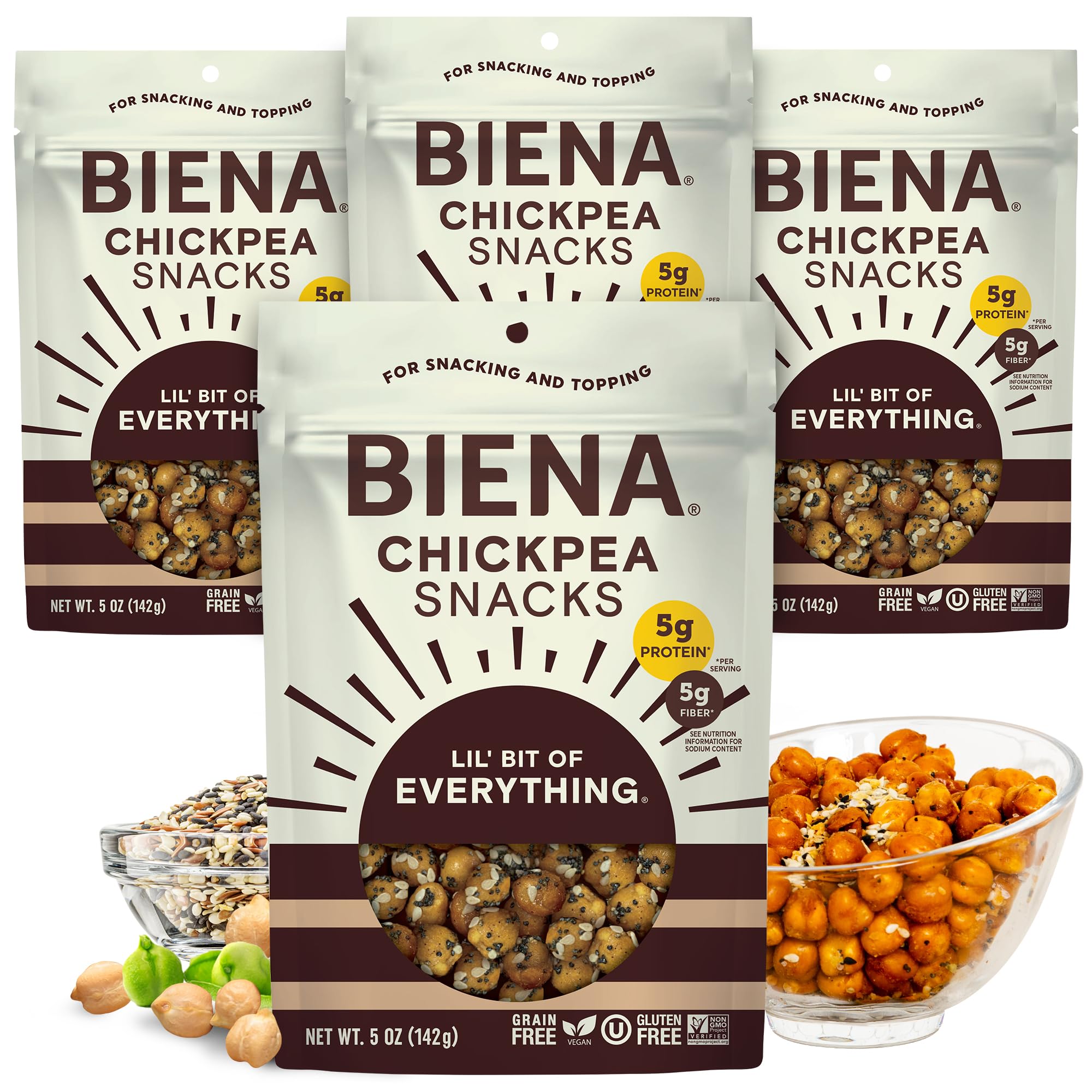 Biena Crispy Roasted Chickpea Snacks - High Protein & Fiber, Gluten Free, Non-GMO, Plant-Based Healthy Snacks for Adults & Kids (4-Pack, 5oz Bags) - Perfect for On-the-Go, School Lunches & Office Snacking