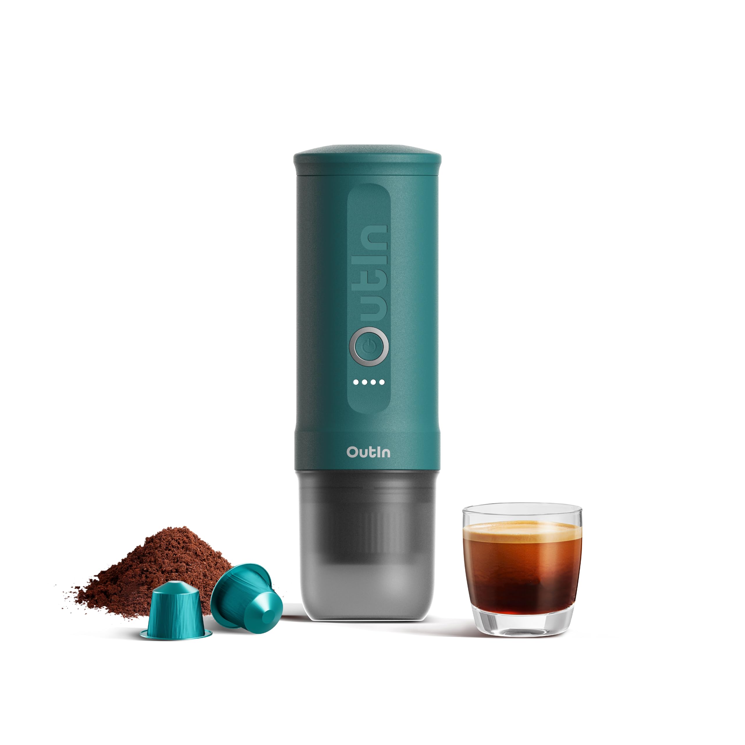 OutIn Nano Portable Electric Espresso Machine - USB-C Travel Coffee Maker for Camping, Car, RV, Hiking & Office - Self-Heating with Ground Coffee & NS Capsule Compatibility | Perfect for Outdoor Adventures, Road Trips & Workspaces