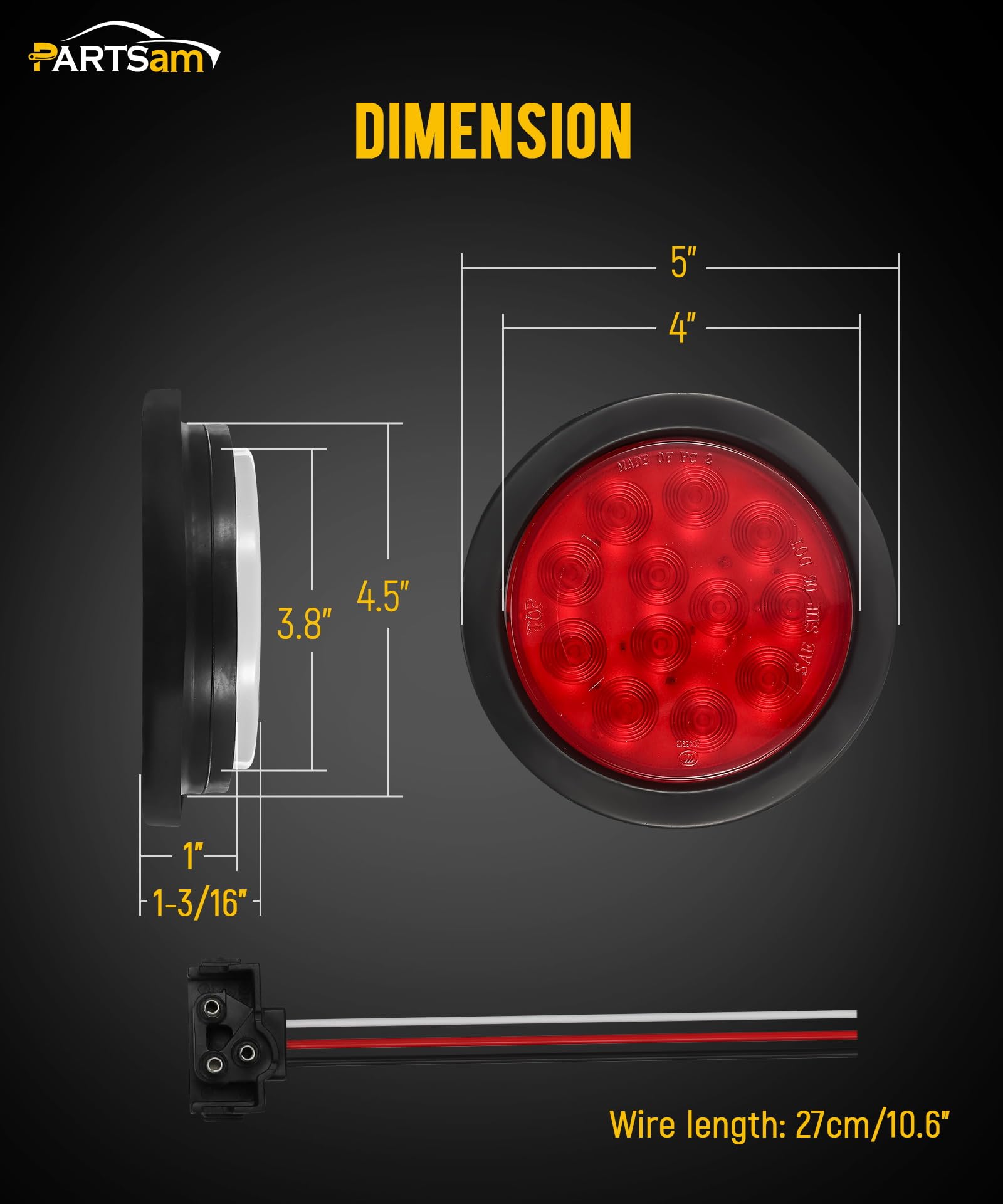 Partsam 4Pcs 4 Inch Round LED Trailer Tail Lights Kit - Red 12 LED Waterproof Brake Stop Turn Signal Lights for Trucks, RVs, Boats, UTE & UTV - 12V Sealed Flush Mount with Grommet Plug Included | Durable Marker Lights for Night Driving & Towing Safety