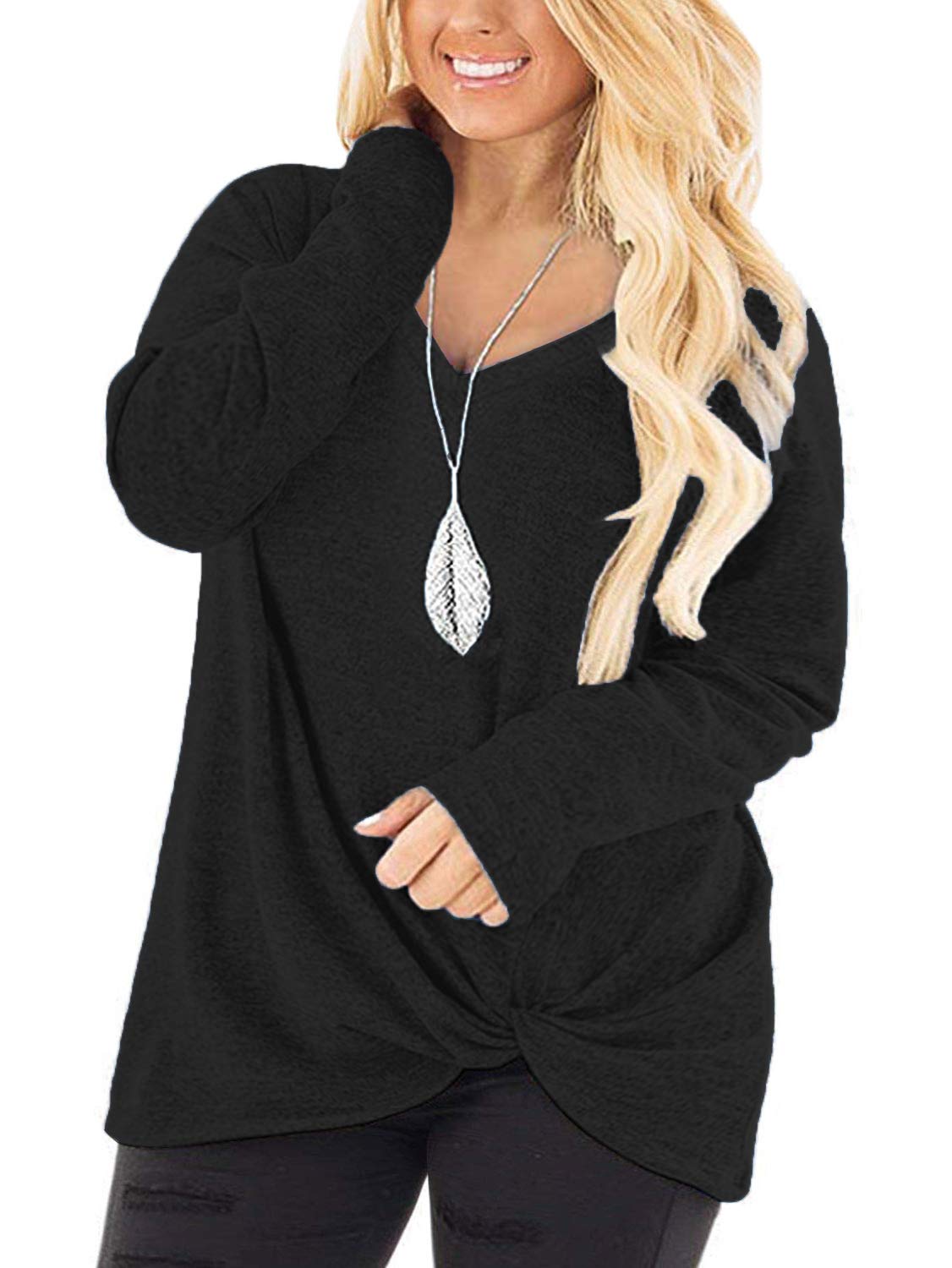 DOLNINE Women's Plus Size Knotted Tops Long Sleeve Tee Shirts - Loose Casual Blouse for Women | Comfortable & Stylish Tunic Shirt for Everyday Wear, Work & Date Night Outfits