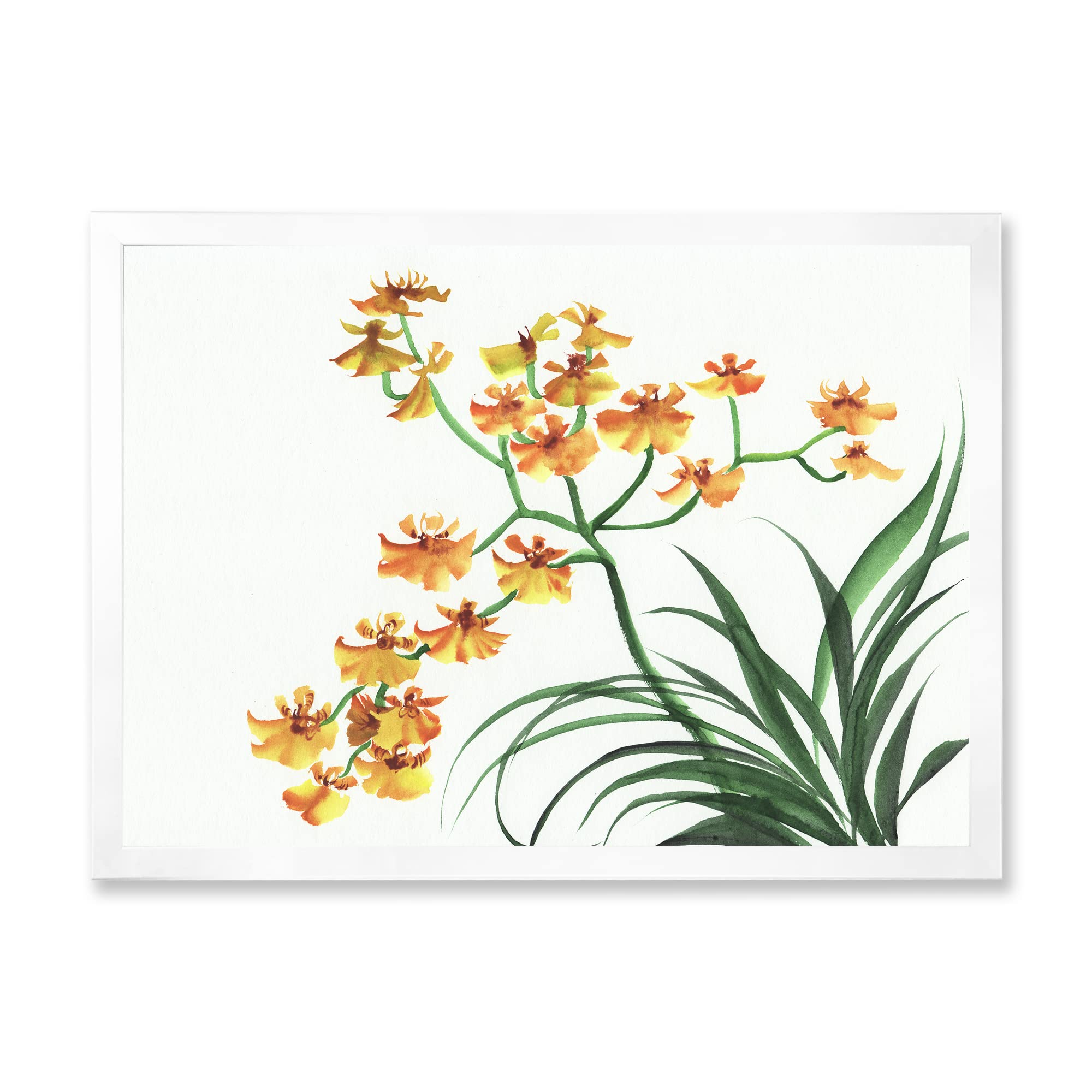 Vintage Orchids Framed Wall Art - Yellow Traditional Floral Painting for Home Decor, Living Room, Bedroom & Office