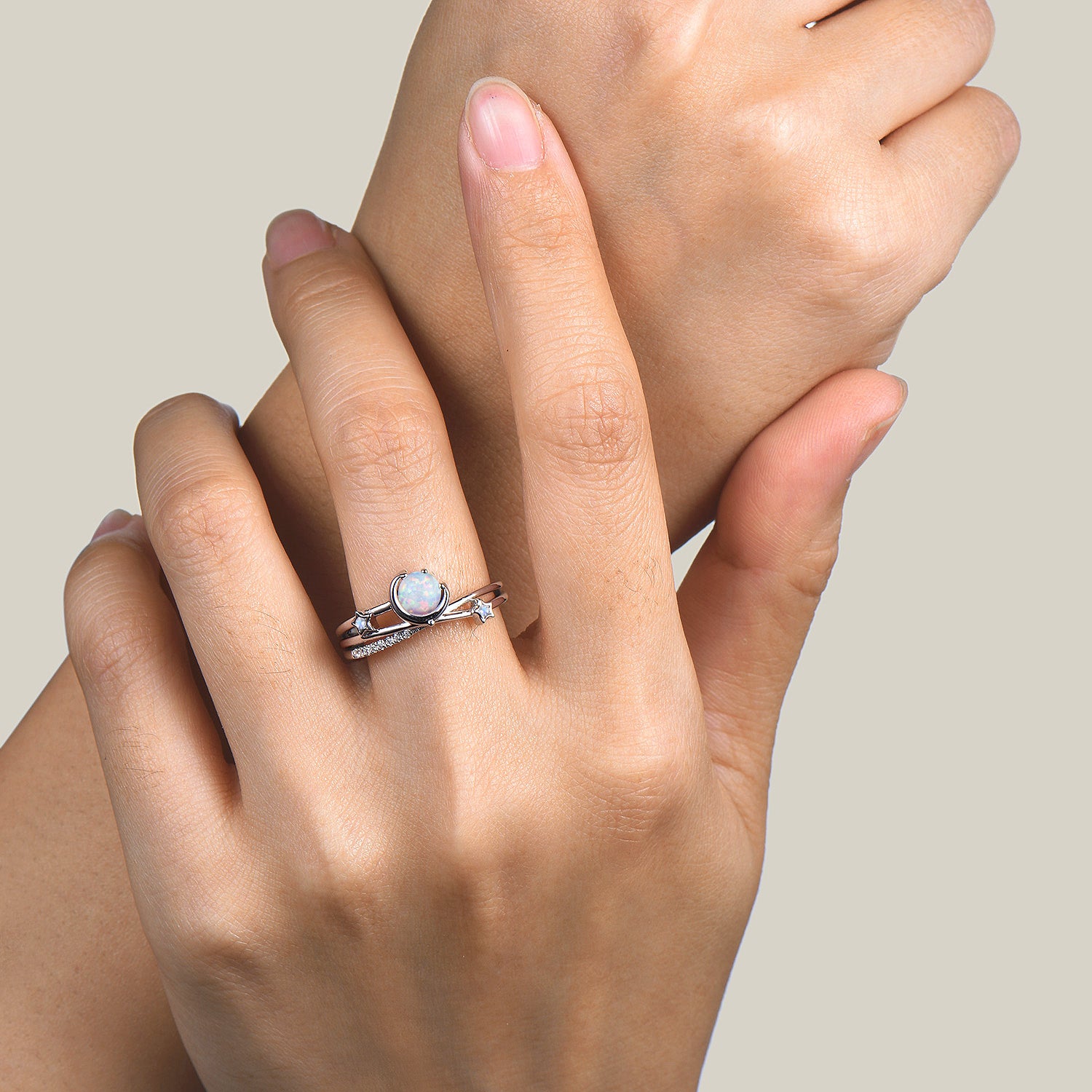 Round Cut White Opal Moon Star Engagement Ring - Twisted Diamond Wedding Band for Women | Perfect for Proposals, Anniversaries & Romantic Occasions