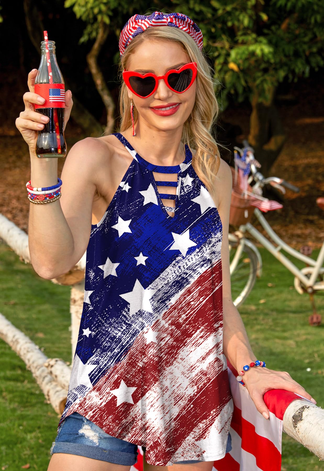 Maisolly Women's 4th of July USA Flag Keyhole Tank Top - Patriotic Independence Day Outfit for BBQ, Beach & Summer Festivals