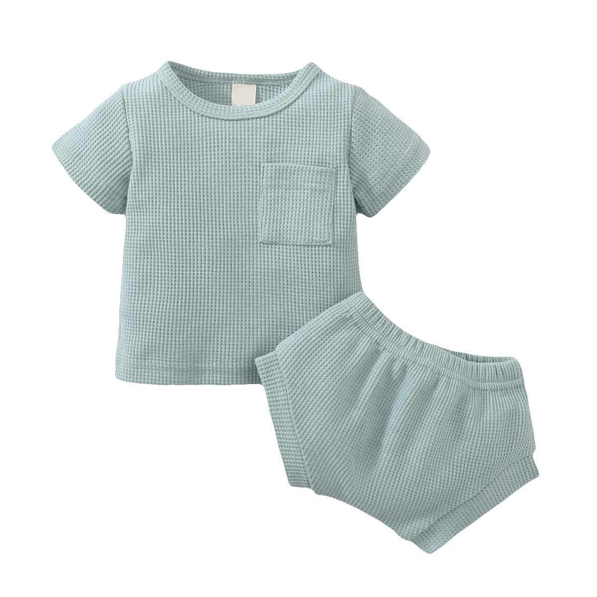 Summer Toddler Clothes Set - Unisex Baby Boy Girl Short Sleeve Pocket Shirt & Shorts Waffle Knit Outfit | Casual Playwear & Beach Vacation Outfits