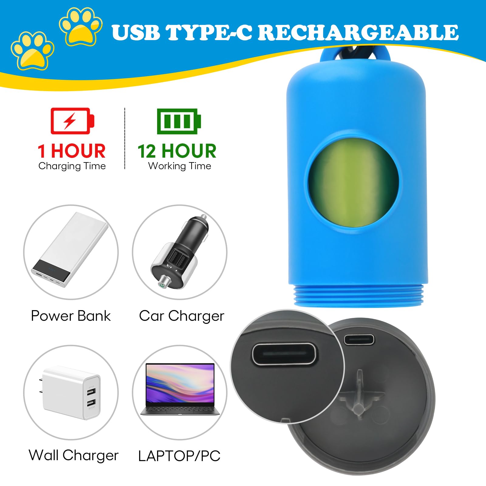 Rechargeable LED Dog Poop Bag Dispenser with Carabiner Clip - 15 Extra Thick Pet Waste Bags Included - Hands-Free Leash, Collar & Harness Attachment - Ideal for Night Walks, Hiking & Outdoor Adventures