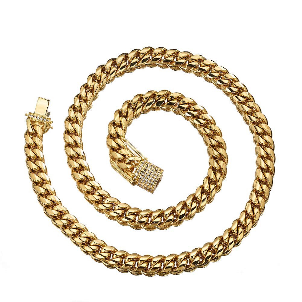 10mm Miami Cuban Link Chain 18K Gold Plated Stainless Steel Necklace for Men & Women | Curb Chain with CZ Diamonds | Durable Solid Chain for Everyday Wear, Parties & Gifts
