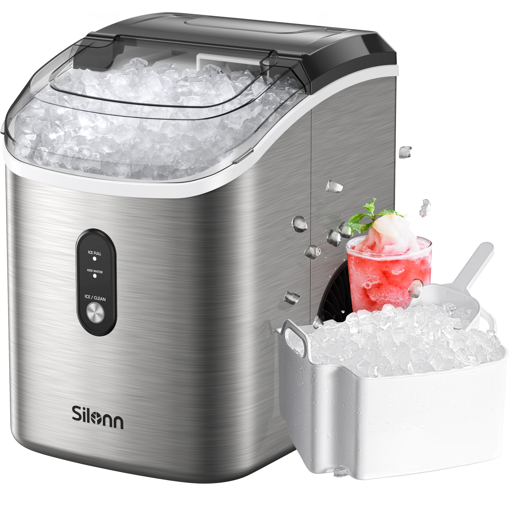 Silonn Countertop Nugget Ice Maker - Chewable Pellet Ice Machine with Self-Cleaning Function, Portable Pebble Ice Maker with Ice Scoop for Home, Kitchen, Office - Stainless Steel | Perfect for Cocktails, Sodas & Entertaining Guests