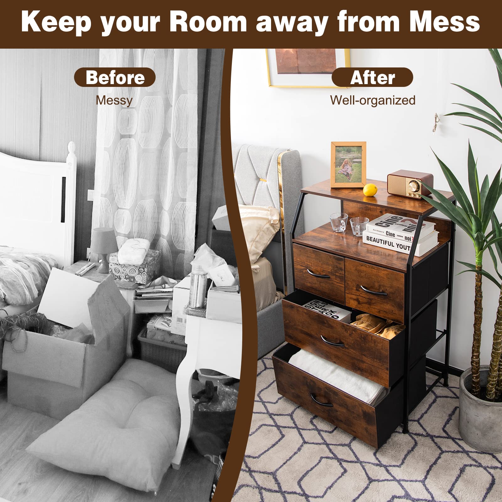 Giantex 4-Drawer Dresser Set of 2, Tall Storage Tower with 4 Foldable Fabric Drawers & Open Shelves, Solid Wood Top & Sturdy Metal Frame, Anti-Tip Design for Safety - Perfect for Bedroom, Hallway, Closet Organization & Small Space Storage Solutions
