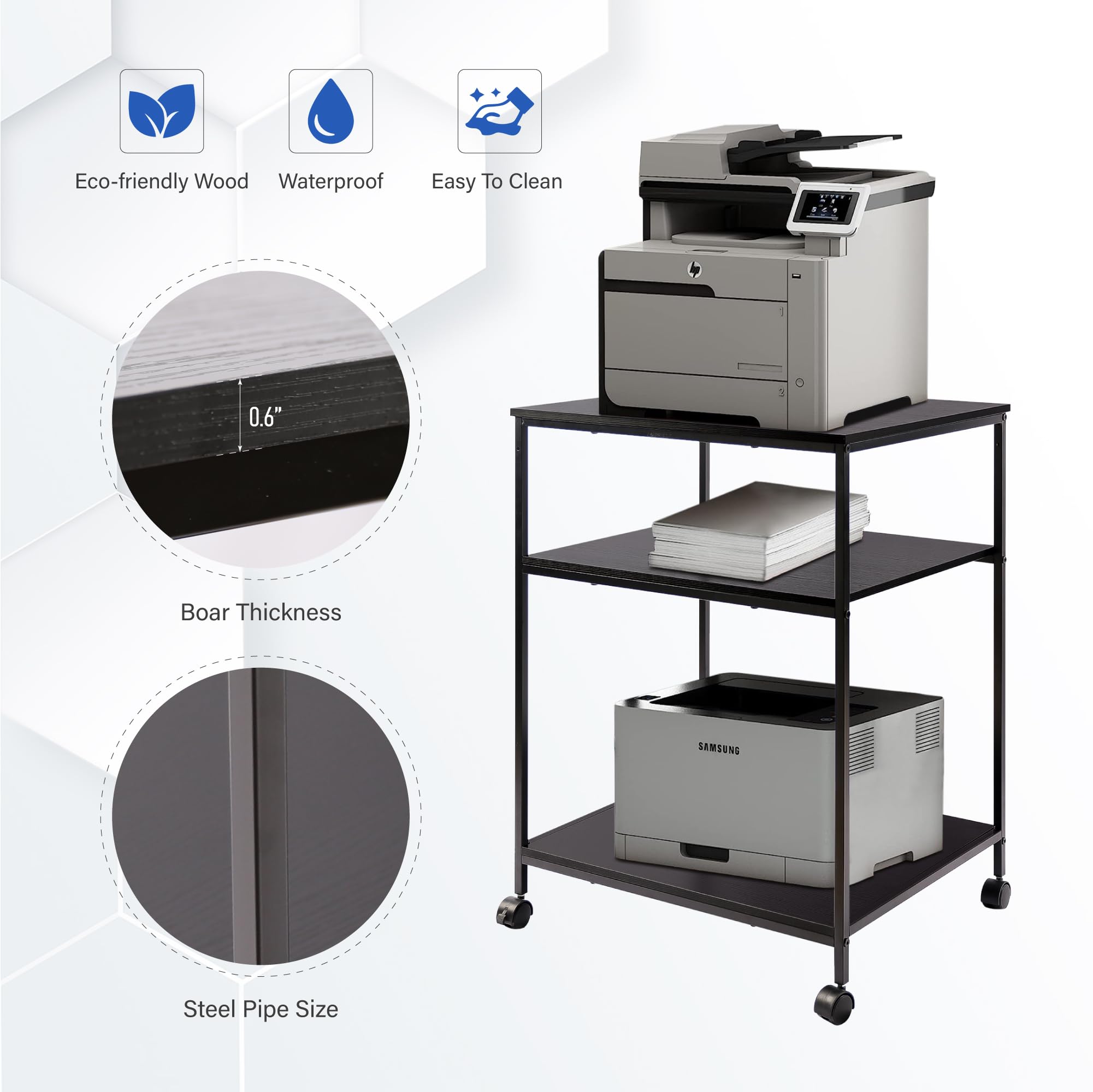 EMERIT Heavy Duty 3-Tier Adjustable Printer Stand Cart with Lockable Wheels - 23.6x18.9x31.5 Inches for Laser/Inkjet/All-in-One Printers, Scanners, Fax Machines & Office Supplies - Perfect for Home Office, Workspace & Industrial Use