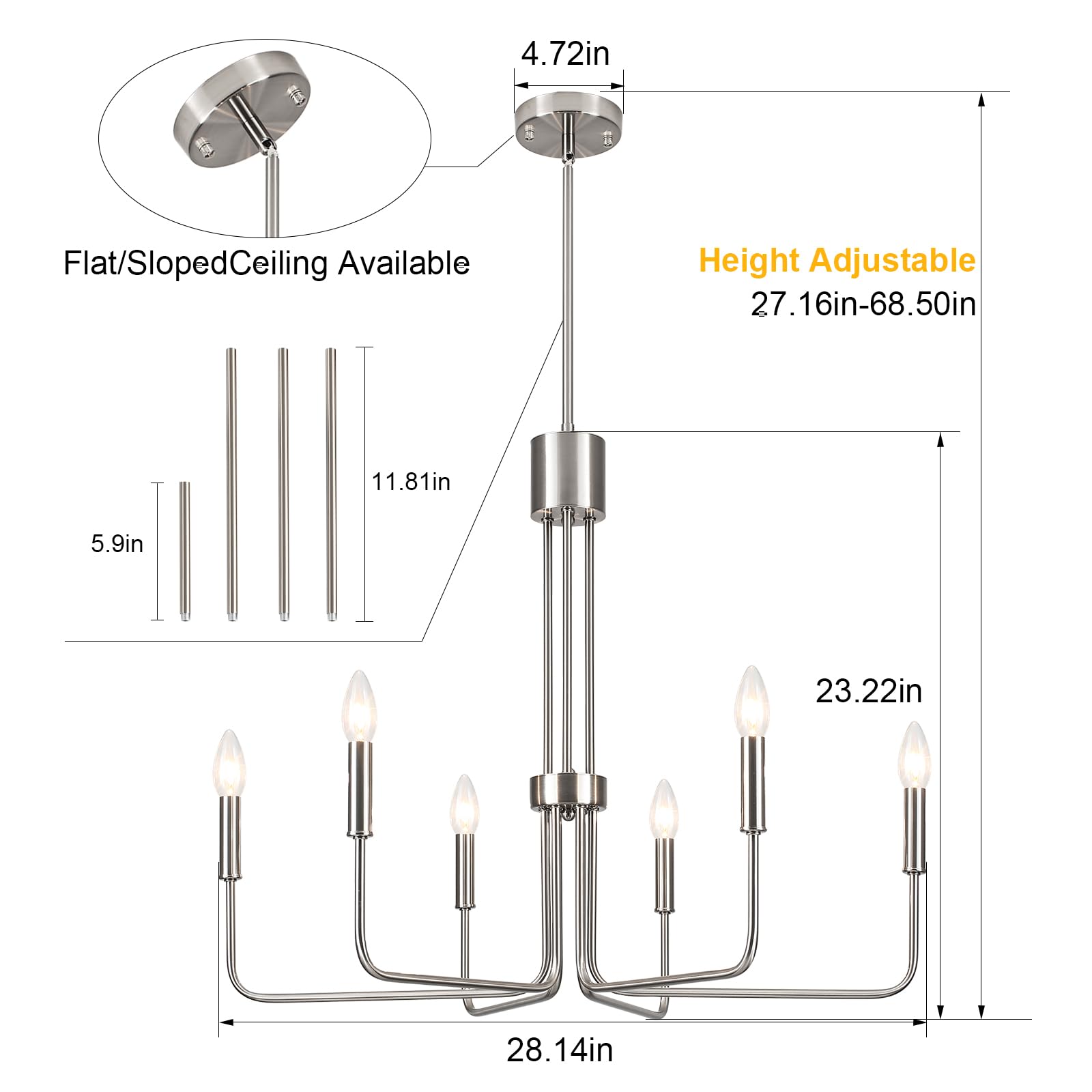 6-Light Brushed Nickel Chandelier - Modern Farmhouse Dining Room Lighting Fixture for Kitchen, Living Room & Entryway | Elegant Ceiling Light for Home Decor, Wedding & Restaurant