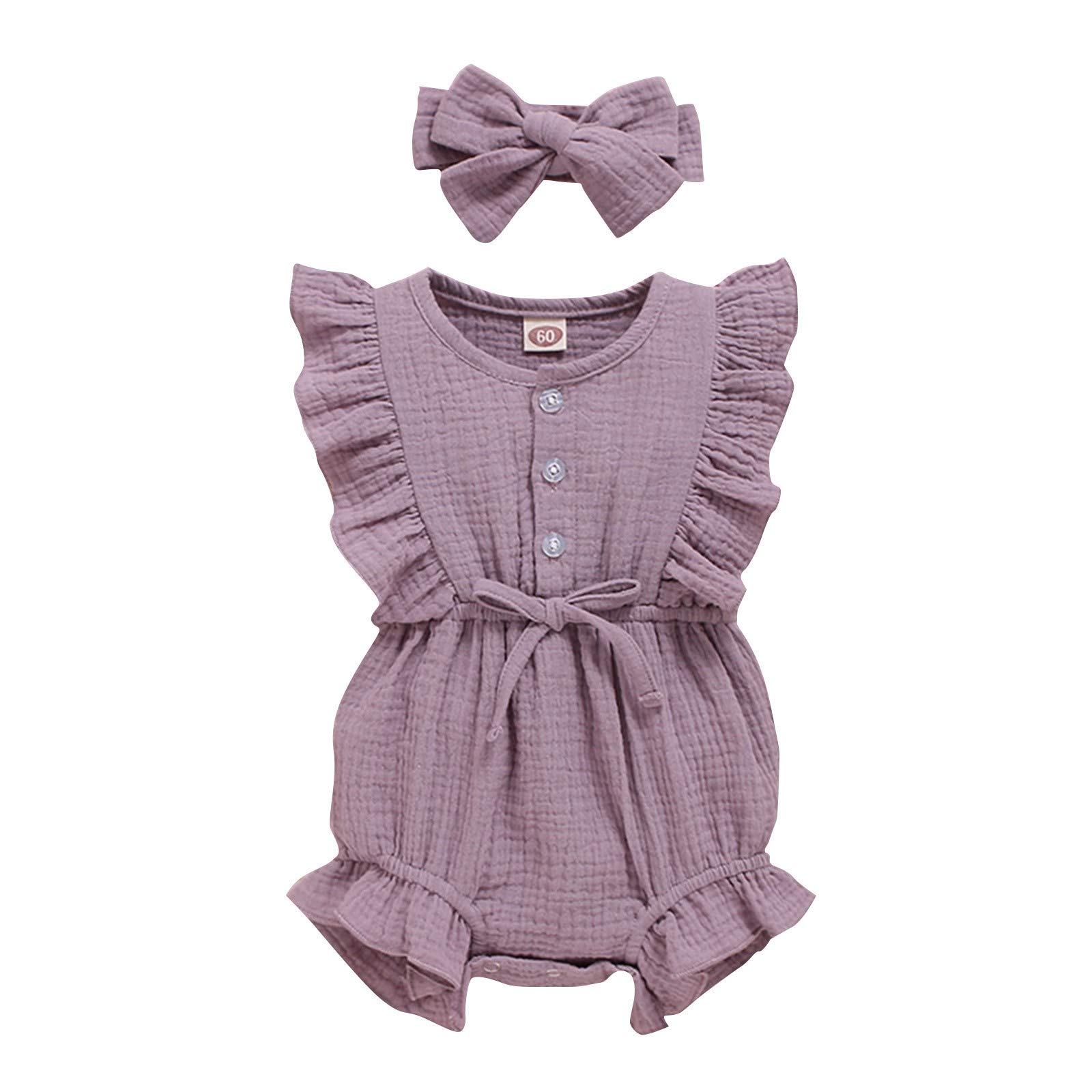 Adorable Baby Girls Sleeveless Jumpsuit & Ruffle Headband Set - Cute Button Romper Outfit for Toddlers - Perfect for Summer Playdates, Photoshoots & Special Occasions
