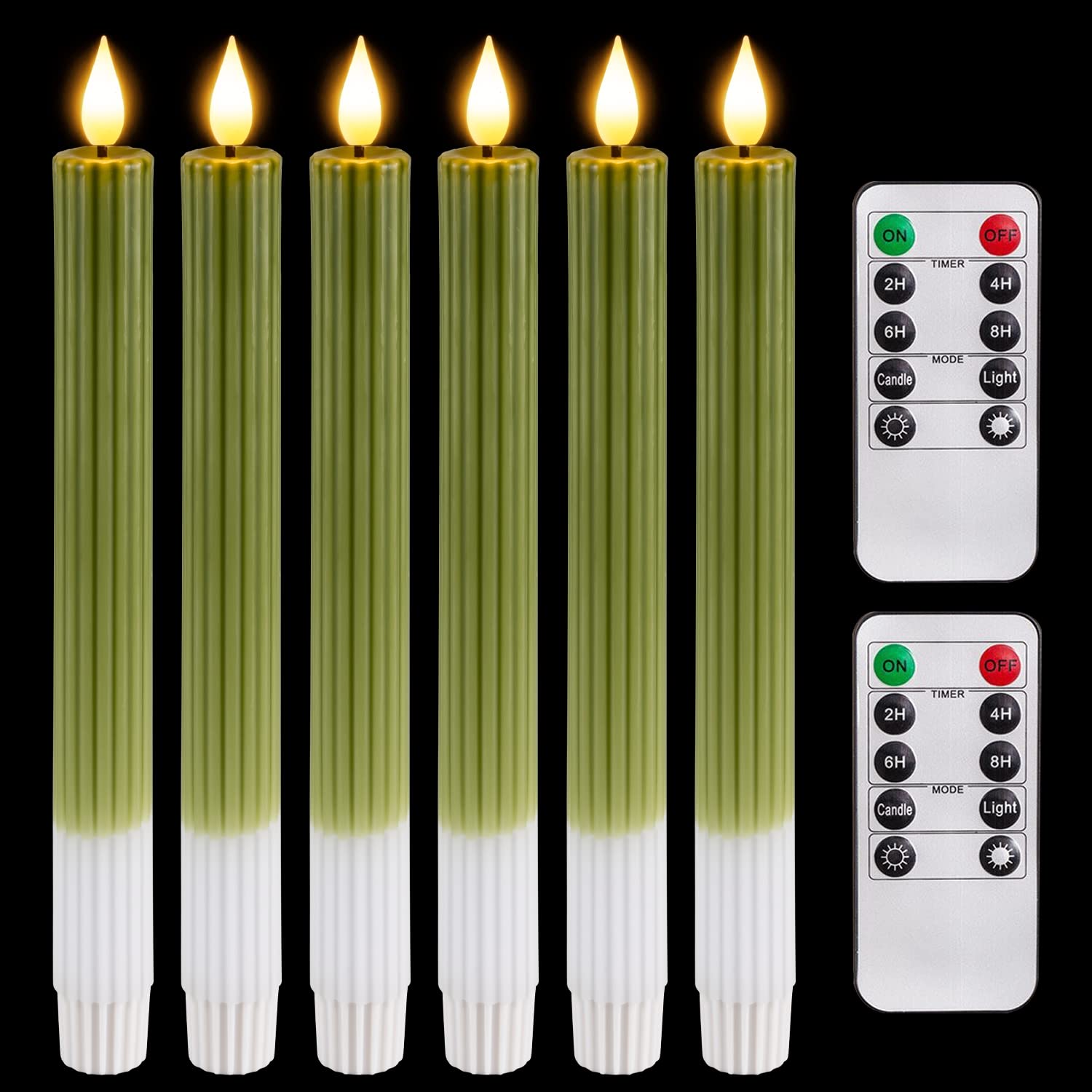 Homemory 6-Pack 9.6 Inch Green Striped Flameless LED Taper Candles with Remote Timer - Battery Operated Real Wax Candlesticks for Wedding, Dinner & Home Decor - Flickering Window Candles for Romantic Ambiance & Holiday Lighting