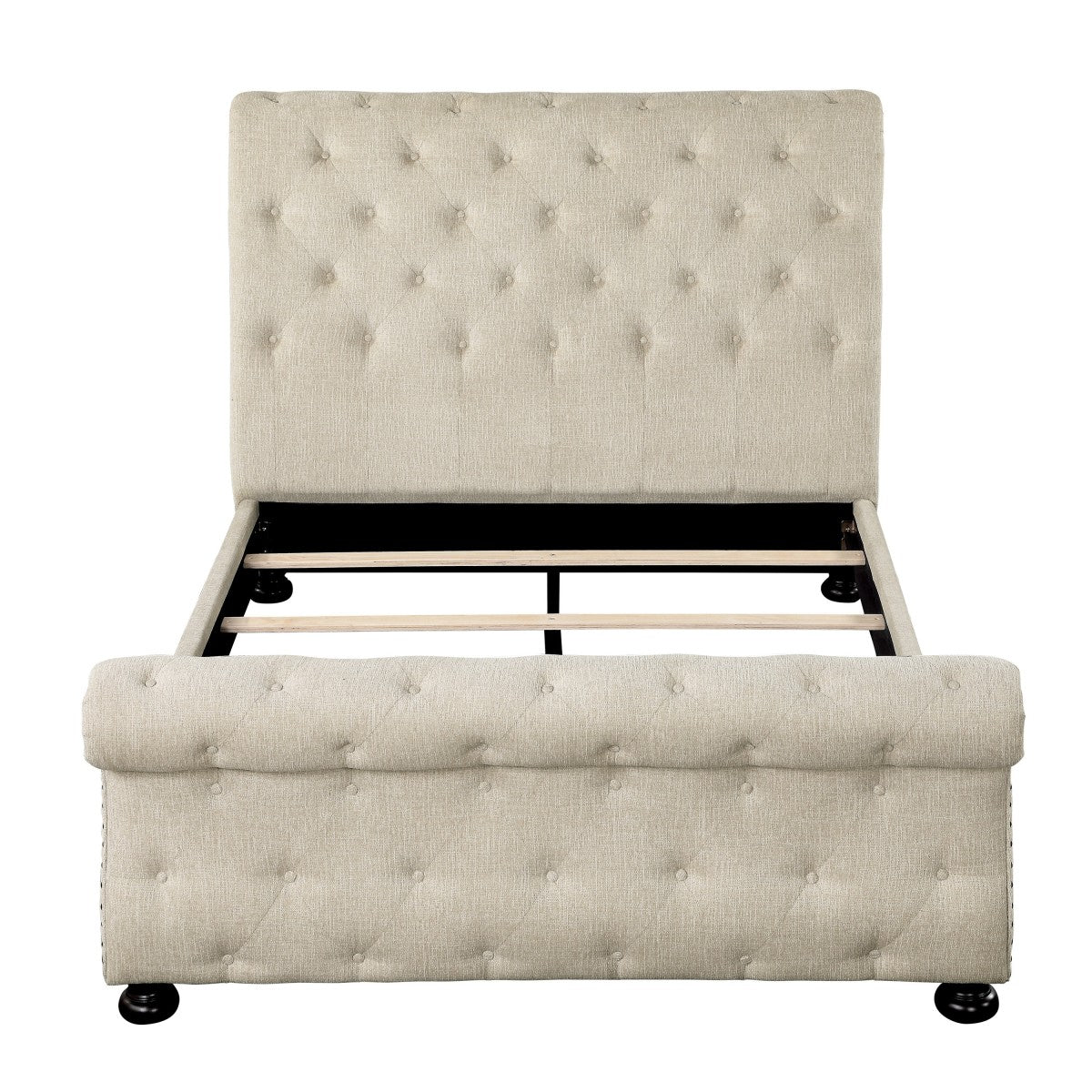 Beige Chenille Tufted Queen Sleigh Bed with Nailhead Trim - Luxurious Upholstered Bed Frame for Master Bedroom & Guest Room Decor