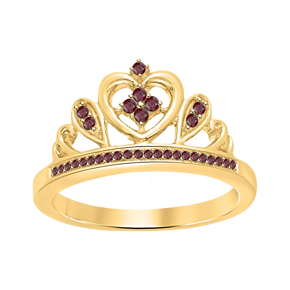 14K Gold Over Sterling Silver Tiara Queen Crown Ring with Red Garnet - Heart Shaped Women's Jewelry for Weddings, Prom & Special Occasions