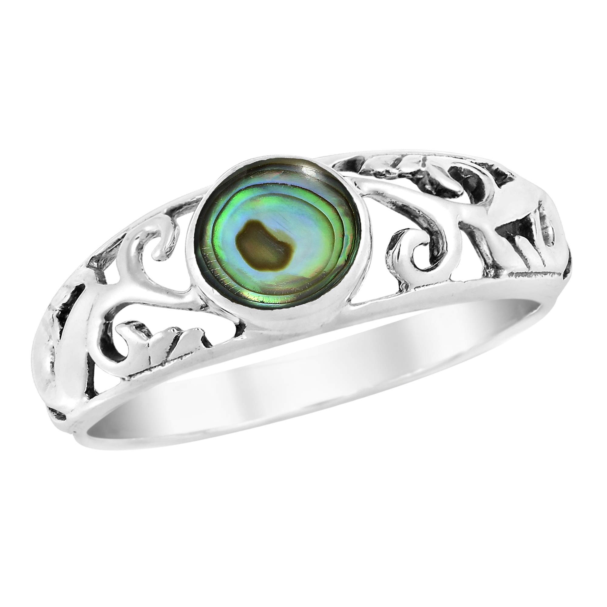 Aeravida Intricate Lace Swirl Vines Round Abalone Shell .925 Sterling Silver Ring for Women | Elegant Wedding, Engagement & Anniversary Jewelry | Comfort Fit Casual Silver Ring | Perfect Gift for Daughter, Wife & Loved Ones (Sizes 6-9) | Ideal for Special Occasions, Date Nights & Everyday Wear