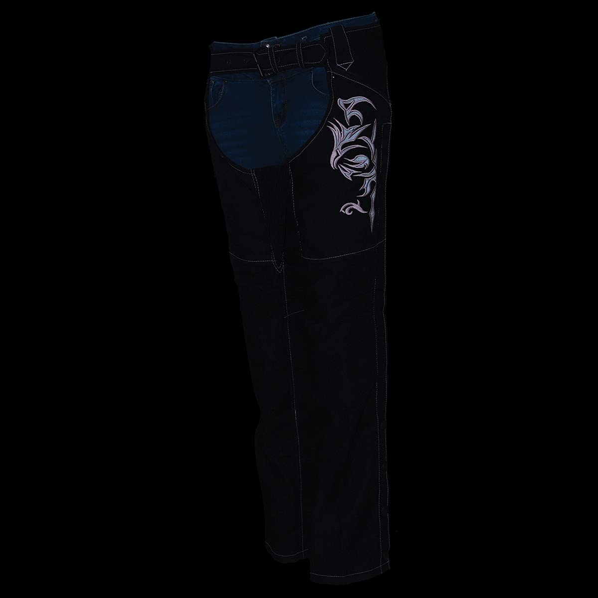 Milwaukee Leather SH1182 Women's Black & Pink Motorcycle Chaps with Tribal Embroidery - Durable Textile Riding Chaps for Women Bikers, Perfect for Harley Davidson & Cruiser Motorcycles