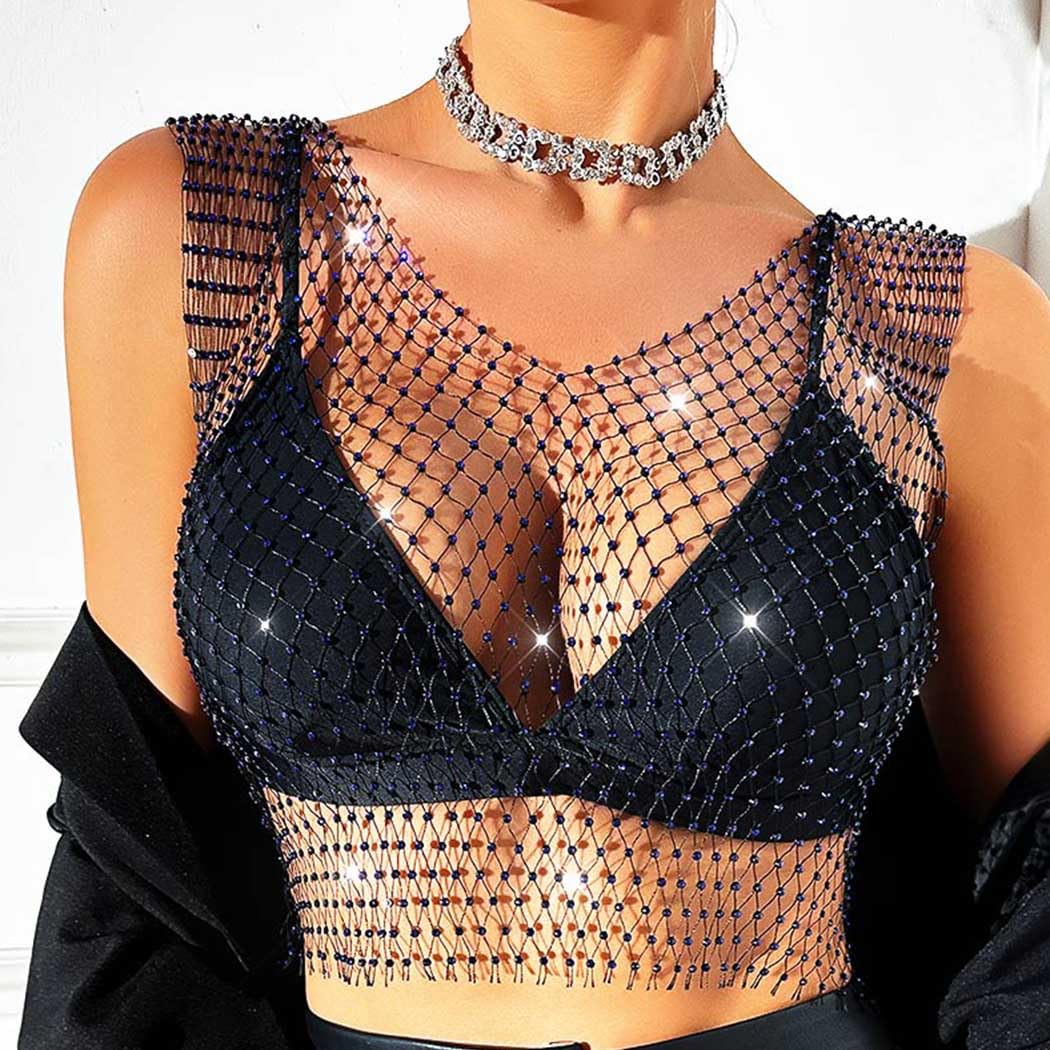 GRAEEN Women's Mesh Rhinestone Crop Top - Sleeveless Crystal Bra Chain Underwear, Elastic Hand-Woven Fishnet Bikini Top for Nightclub, Beach Party & Festival (Black) | Sexy Body Chain Jewelry for Women