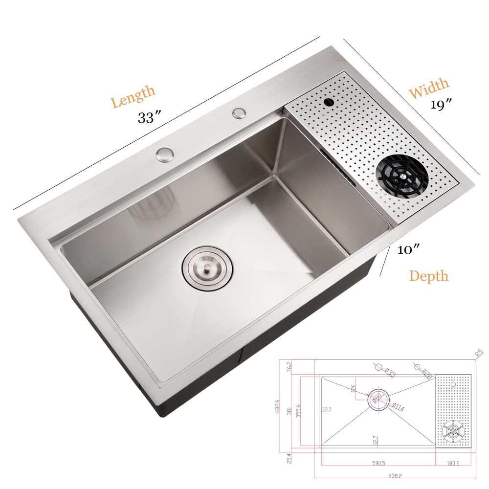 Bokaiya 33x19 Drop In Kitchen Sink with Glass Rinser & Cup Washer - 16 Gauge Stainless Steel Deep Single Bowl Workstation for Modern Kitchens