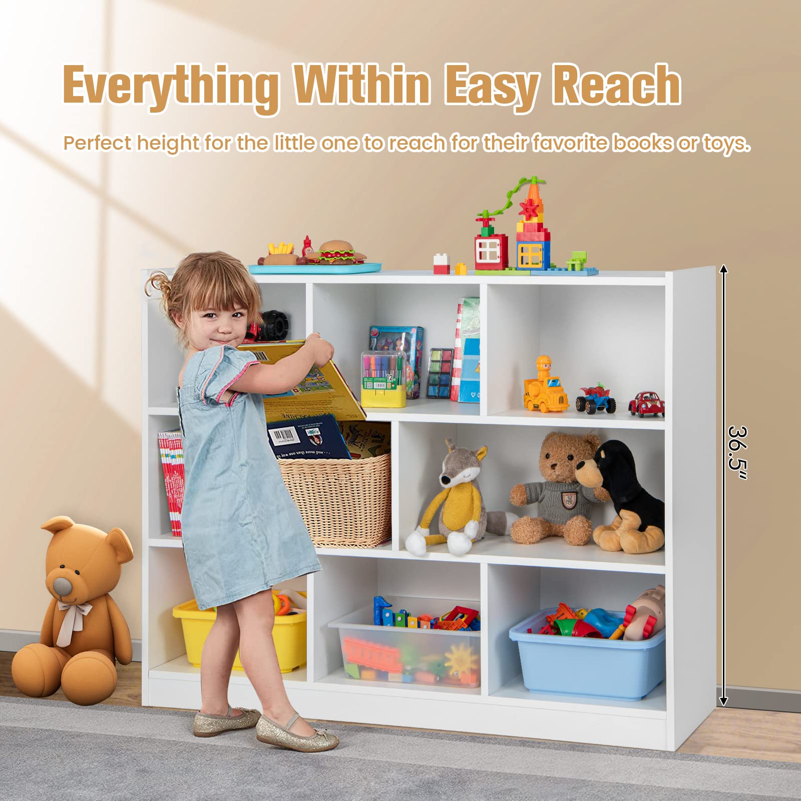 Costzon Kids Toy Organizer & Storage Shelf - 3-Tier Wooden Bookshelf with 8 Cubby Bins for Books, Toys, Clothes | Perfect for Playroom, Bedroom, Nursery & Living Room Organization (White)