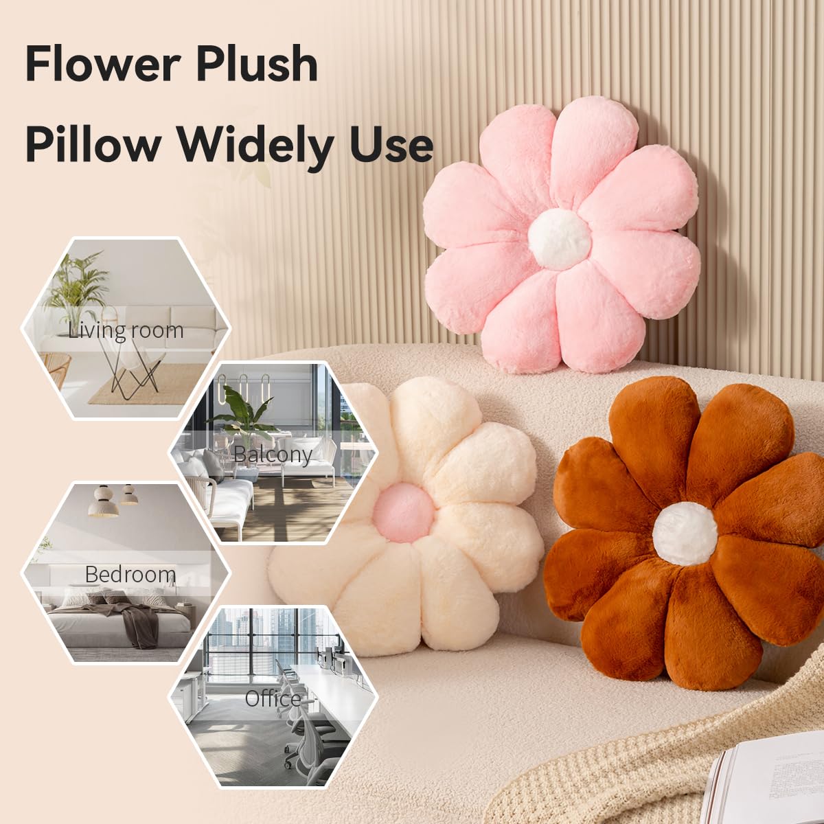 FIONOUT Daisy Flower Pillow - Soft Plush Throw Cushion for Reading & Decor (Beige) - Cozy Floor Seating & Room Decor