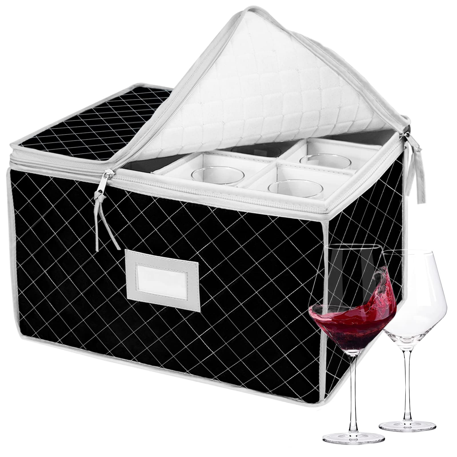 Premium 12-Piece Wine Glass Storage Box - Hard-Sided Crystal Stemware Protector with Padded Interior & Label Window (15.5