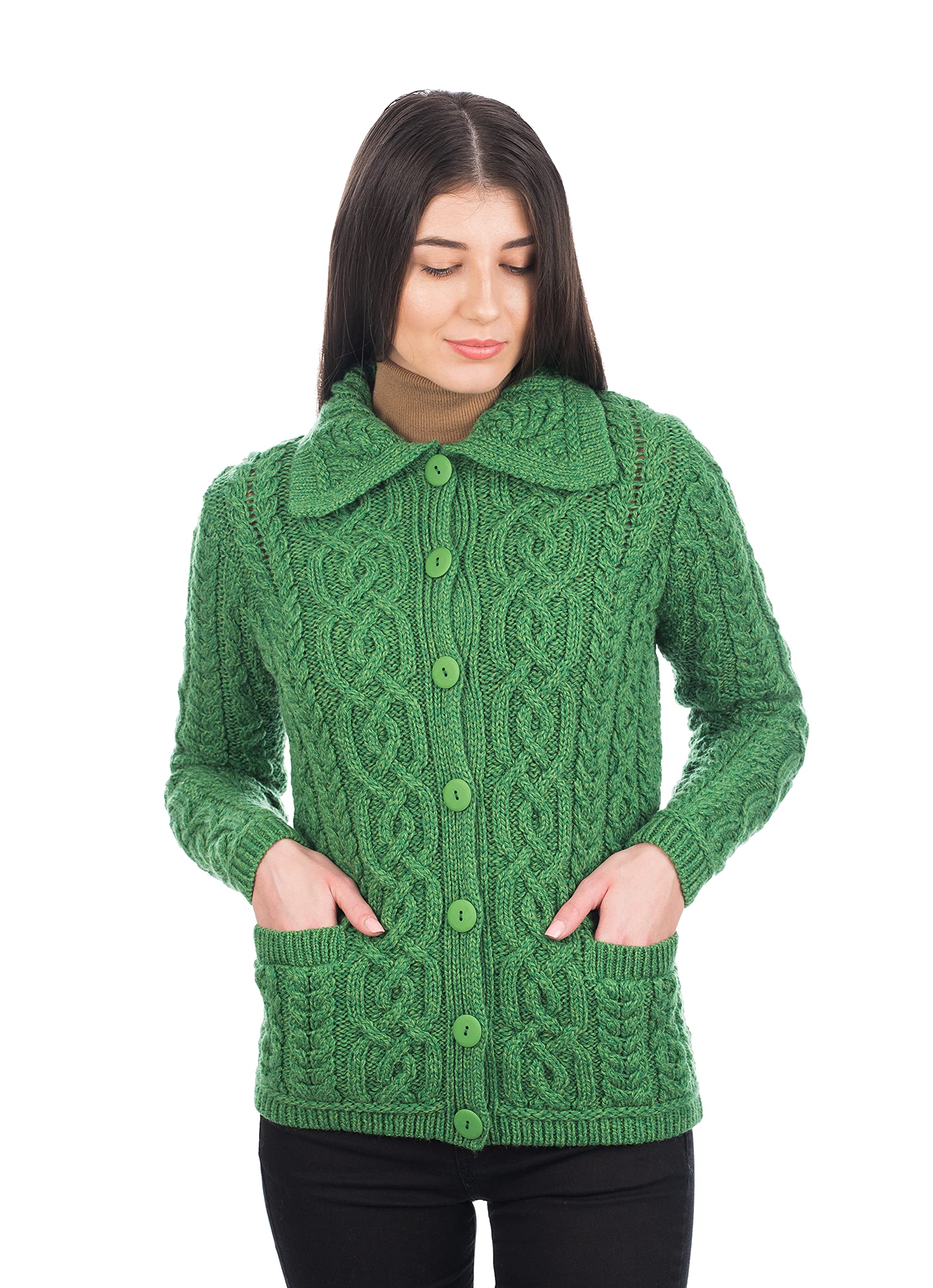SAOL Women's 100% Merino Wool Irish Aran Cardigan Sweater - Celtic Knit Design with Pockets | Warm Winter Coat for Casual Outings & Office Wear
