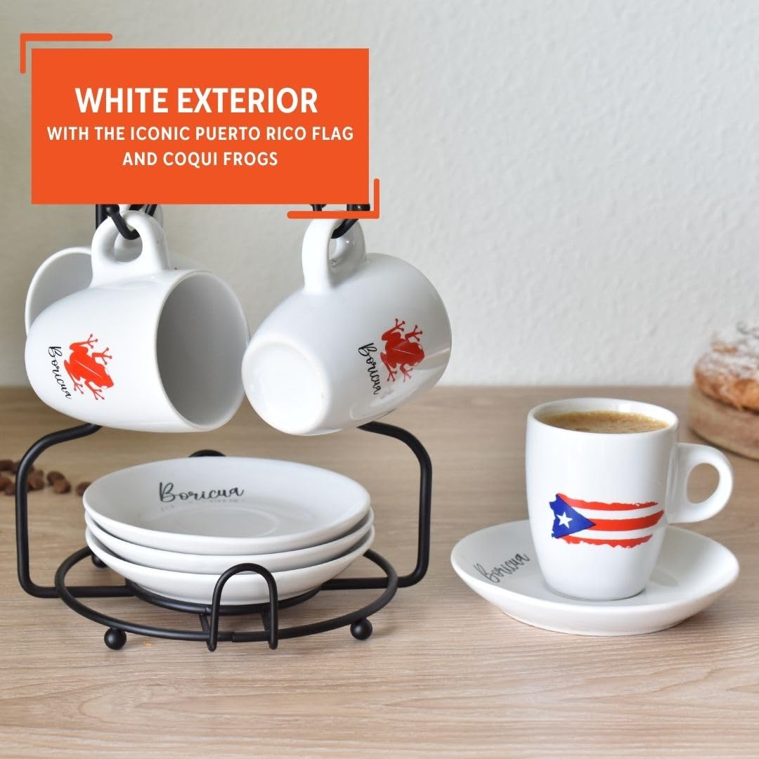 IMUSA 8-Piece 3oz Boricua Espresso Cups and Saucers Set with Wooden Rack - Perfect for Serving Cuban Coffee, Italian Espresso, or Turkish Tea at Home Cafes and Restaurants