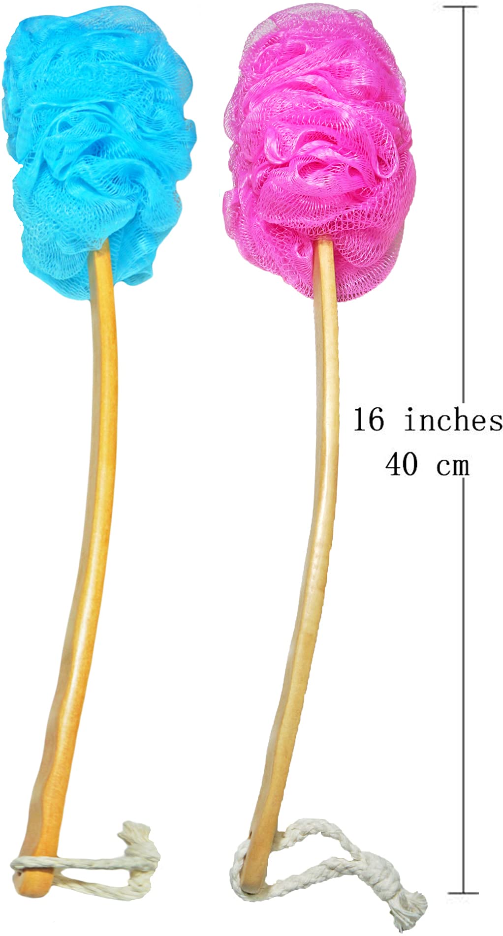 Exfoliating Loofah Bath Brush with Long Wooden Handle - Shower & Back Scrubber for Men & Women - Body Wash & Lotion Applicator (2-Pack, Blue & Red) - Perfect for Deep Cleansing & Skin Exfoliation in Bath or Shower