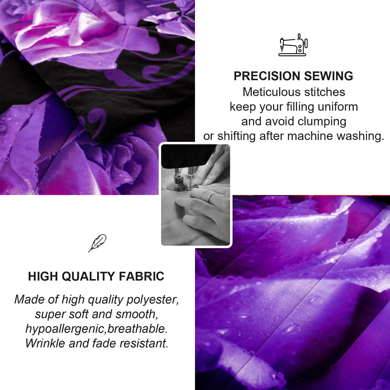 WONGS BEDDING Reversible Purple Rose Comforter Set - Full Size 90x78 Inch All-Season Microfiber Bedding with 2 Pillowcases | Soft & Breathable | Perfect for Master Bedroom, Guest Room & Dorm Decor