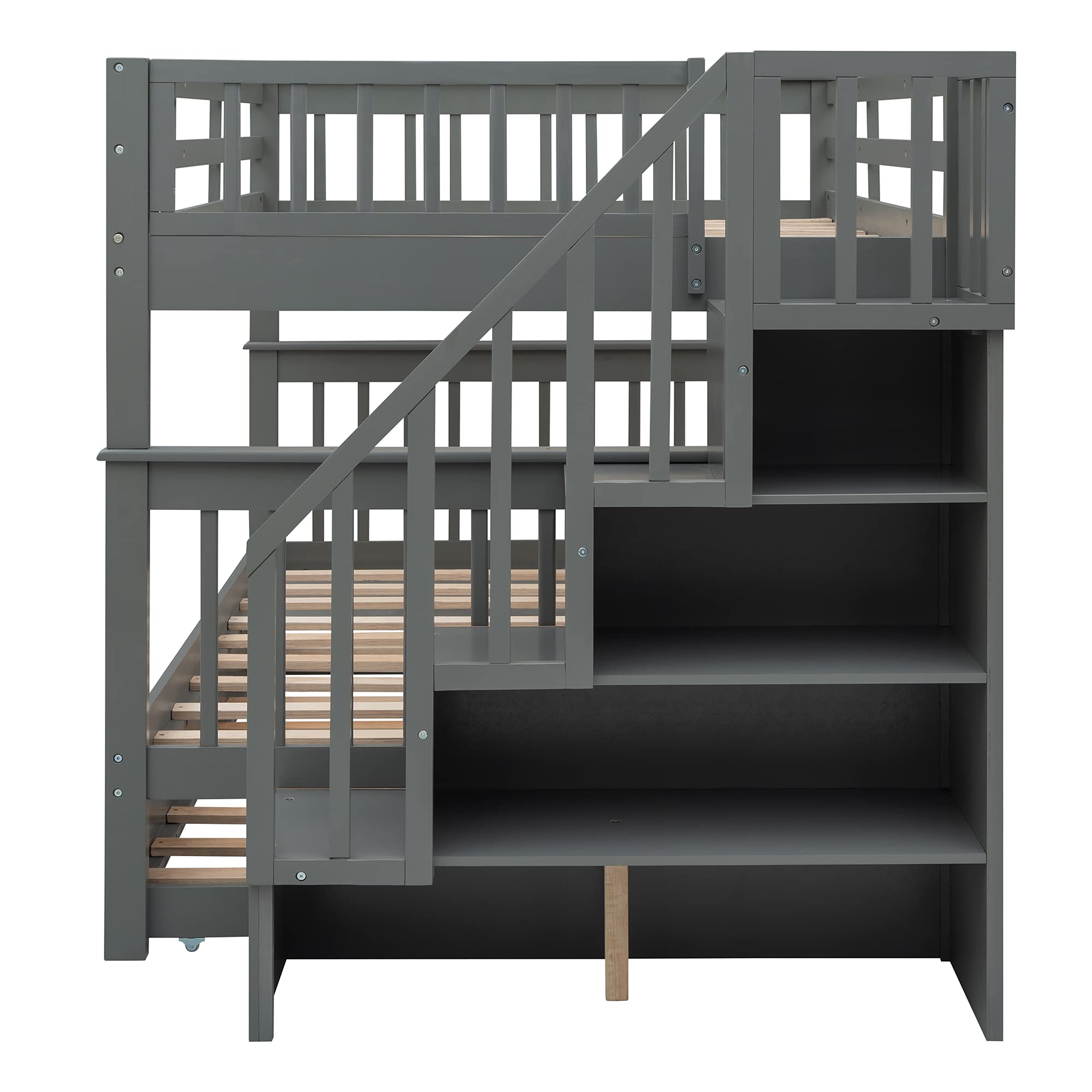 Harper & Bright Designs Full Over Full Bunk Bed with Trundle, Storage Shelf & Stairs - Sturdy Wood Frame with Safety Guard Rail for Kids, Teens & Adults (Gray) - Perfect for Small Bedrooms, Guest Rooms & Vacation Homes
