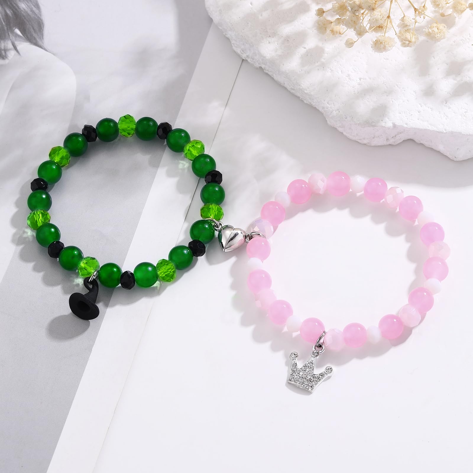 Korotho Elphaba Galinda Friendship Matching Bracelets - Natural Stone Hat-Crown Best Friend BFF Jewelry Set for Christmas, Valentine's Day Gifts | Movie Merch for Fans, Friends Party Decorations | Perfect for Couples, BFFs and Special Occasions