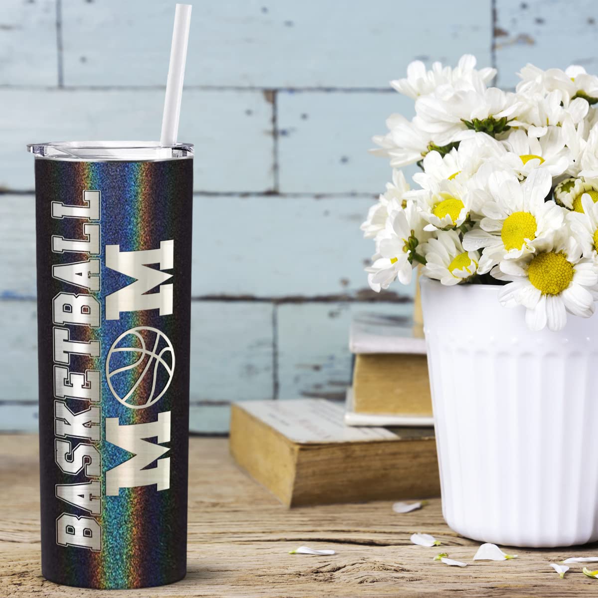 20 oz Insulated Stainless Steel Basketball Mom Tumbler - Laser Engraved Black Glitter Cup with Lid & Straw - Perfect for Basketball Games, Practice & Team Gifts