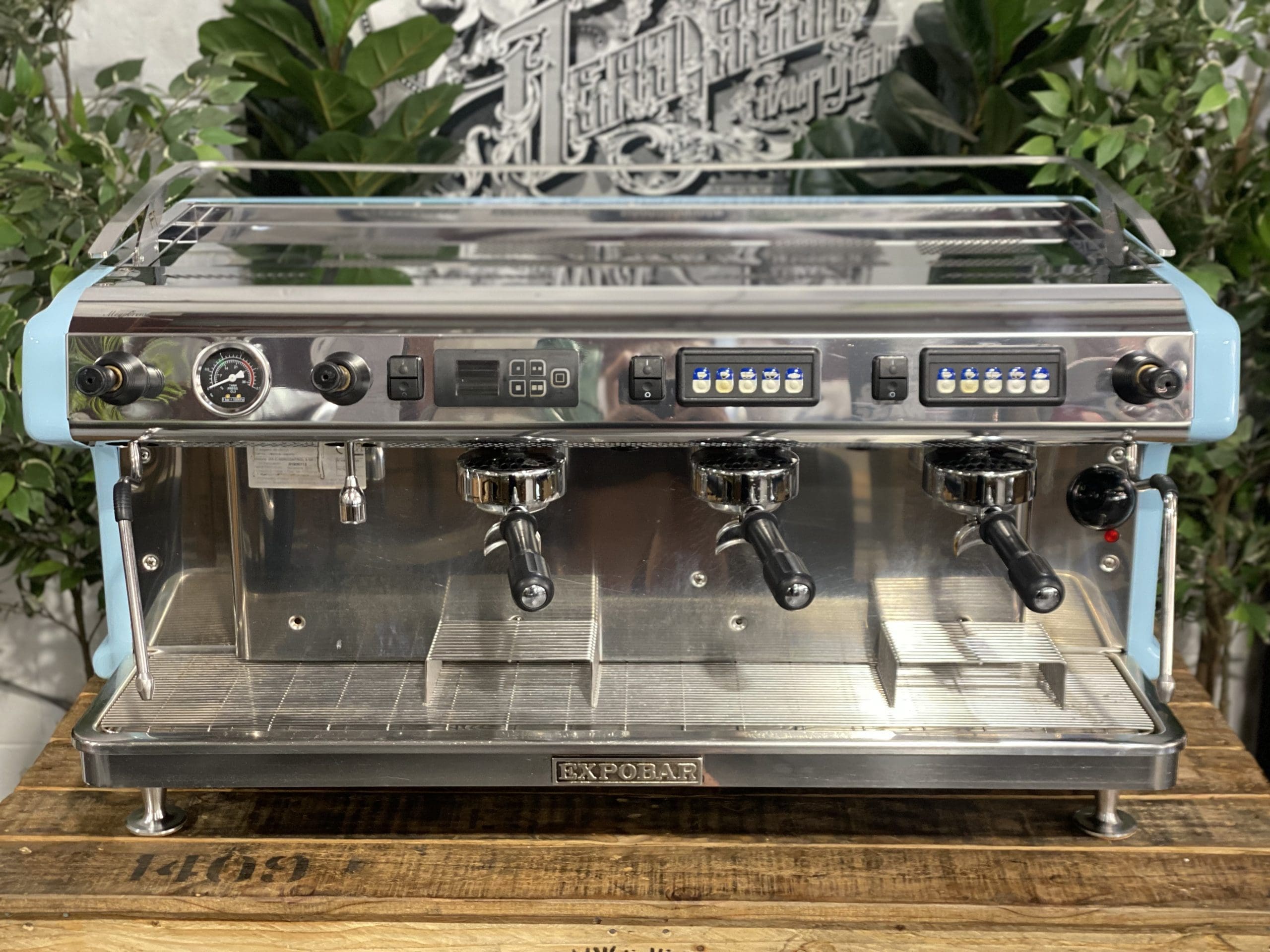 Expobar Ruggero High Cup 3 Group Commercial Espresso Machine in Baby Blue - Perfect for Coffee Shops, Restaurants, and Cafes