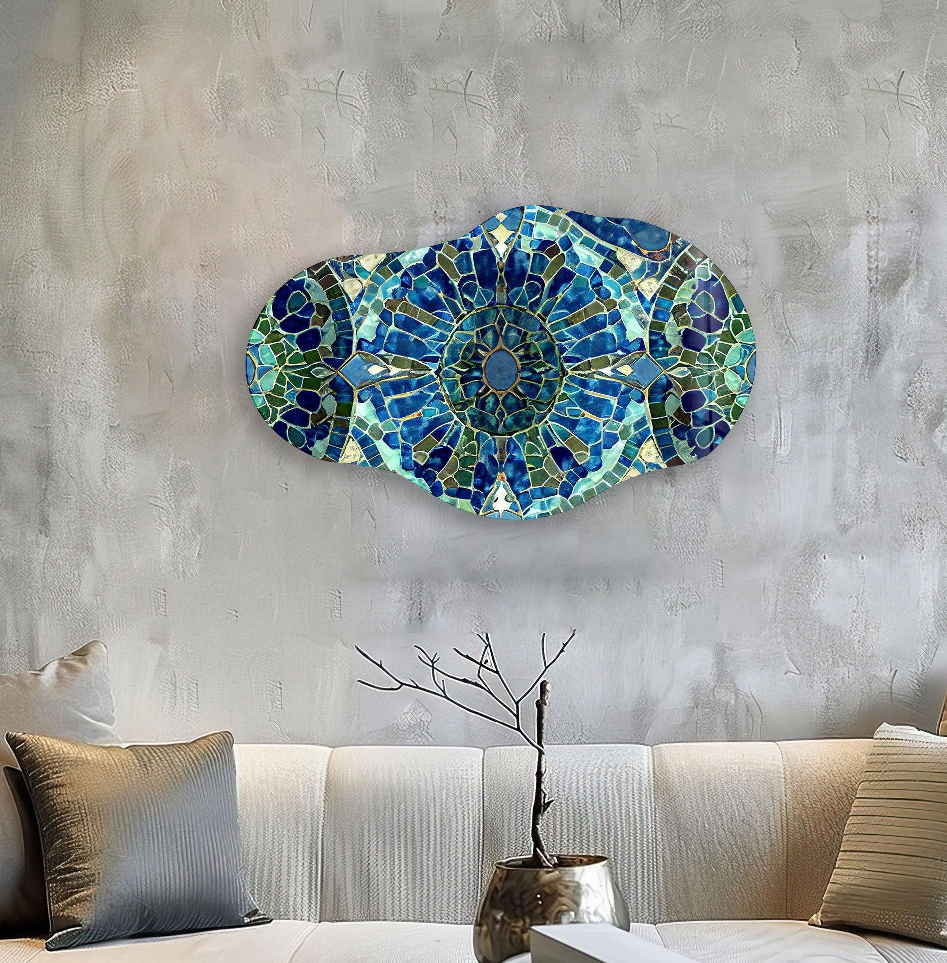 Handmade Asymmetrical Blue Mosaic Glass Wall Art - Modern Abstract Home Decor for Living Room, Bedroom & Office