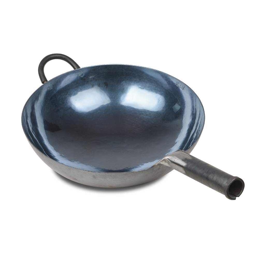 ZhenSanHuan 36cm Hand-Forged Carbon Steel Wok Pan - Traditional Chinese Hammered Iron Cookware - Blue-Black Seasoned with Helper Handle - Non-Stick, Coating-Free Stir Fry Pan - Perfect for Asian Cooking, Stir Frying & Home Kitchen Use