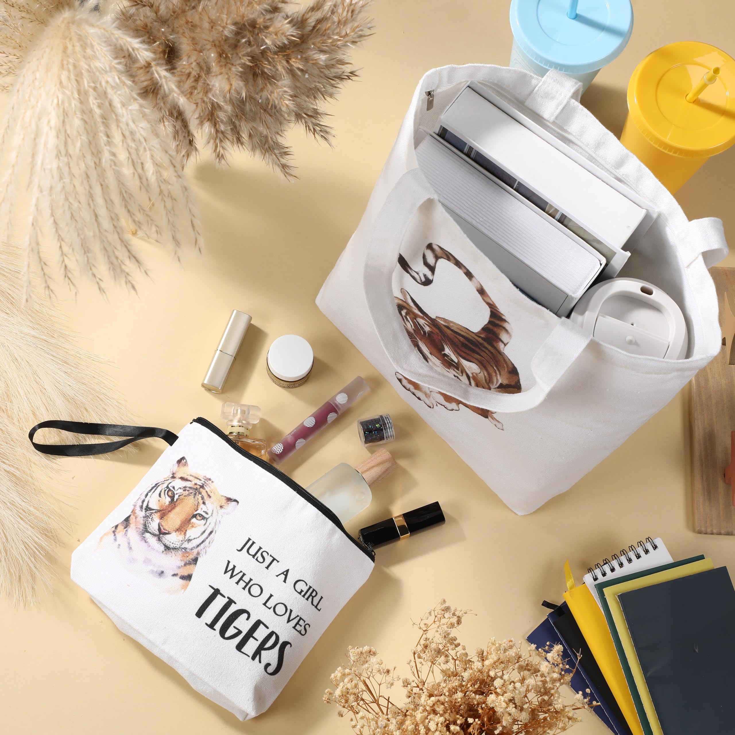 2-Piece Tiger Lover Gift Set - Canvas Tote Bag & Makeup Pouch for Animal Enthusiasts | Perfect Birthday Present for Daughter, Sister & Friends | Great for Travel, Shopping & Daily Use