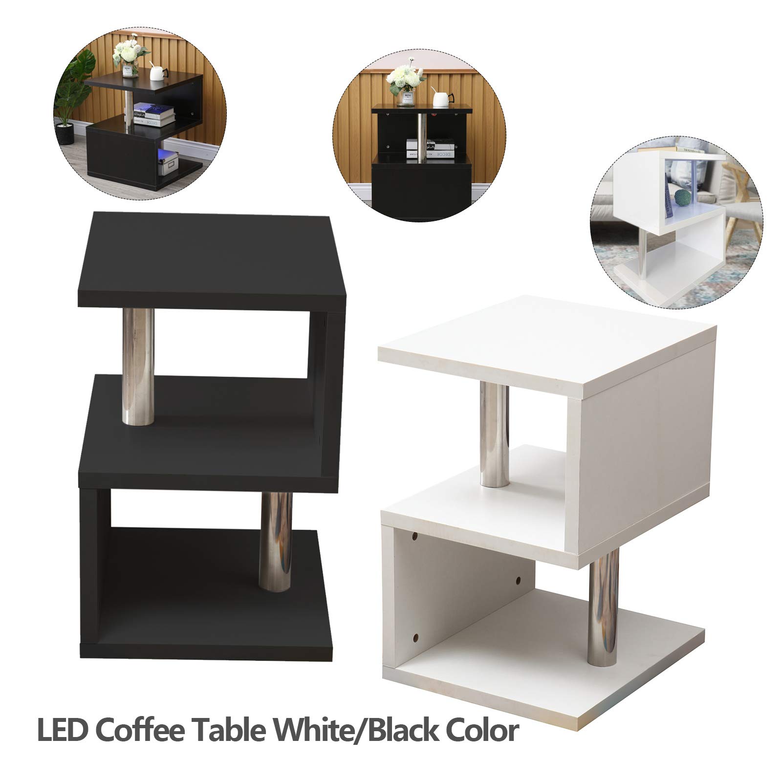 Modern S-Shaped High Gloss LED Coffee Table with 3-Tier Storage & Compartment - Contemporary Cocktail Table & Tea Table for Living Room, Perfect for Entertaining Guests & Enhancing Home Decor (Black)