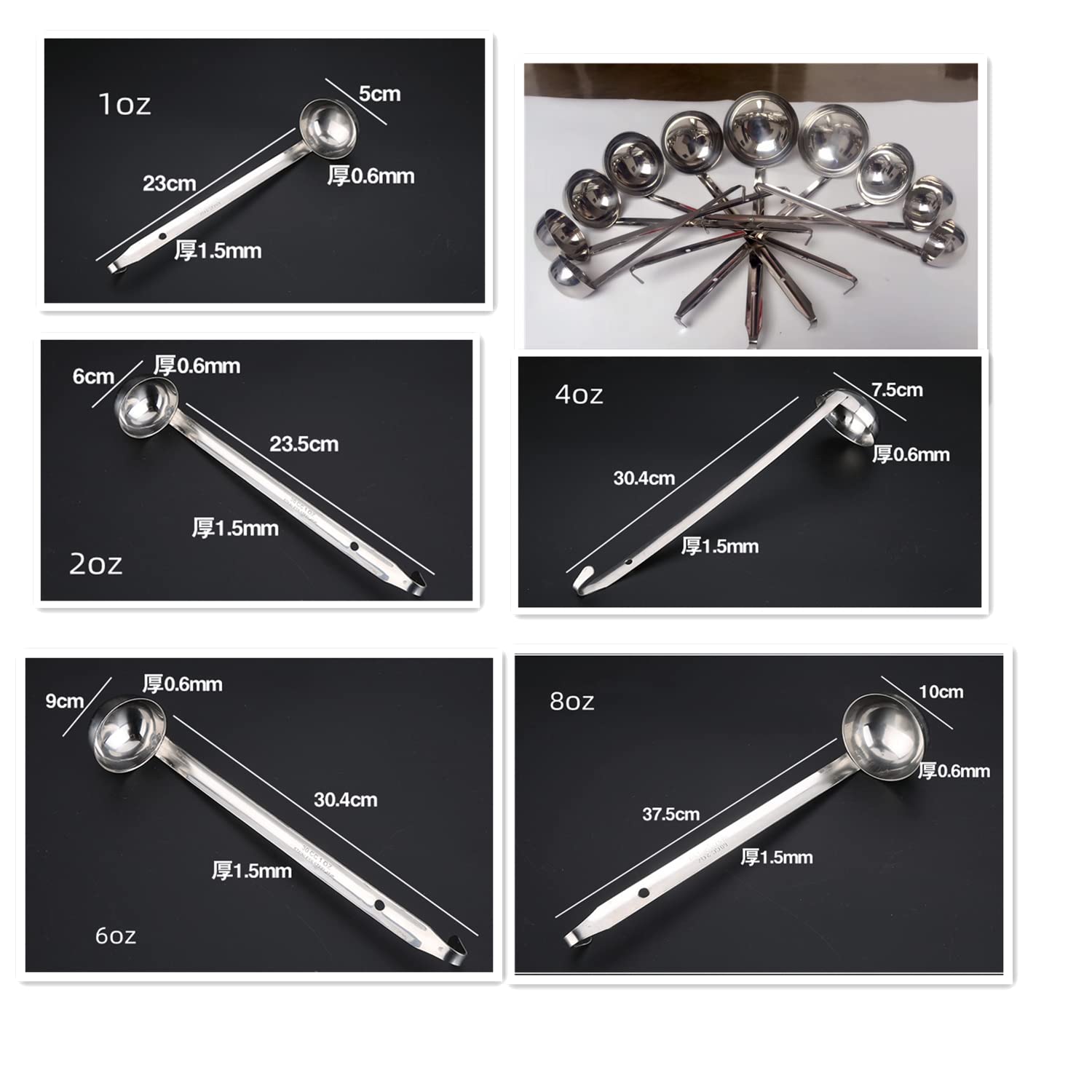 Odowalker 5-Piece Stainless Steel Soup Ladle Set with Hooked Handle & Pouring Rim - 1oz, 2oz, 4oz, 6oz, 8oz Long Handle Kitchen Ladles for Cooking, Serving Soup, Sauce, Gravy & Stews - Perfect for Home Chefs & Restaurants